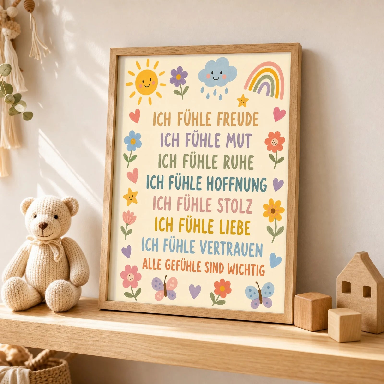 Affirmationsposter Kinderzimmer Blumenwiese Gefühle, als Wandbild über der Spielecke