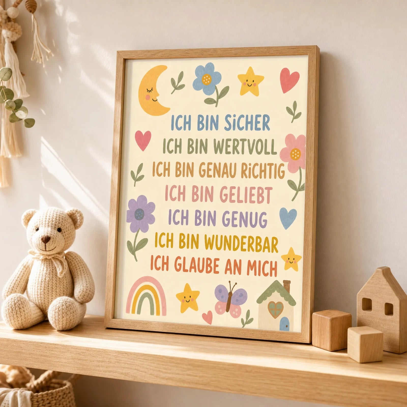Affirmationsposter Kinderzimmer Blumenwiese Ich bin sicher, als Wandbild über der Spielecke