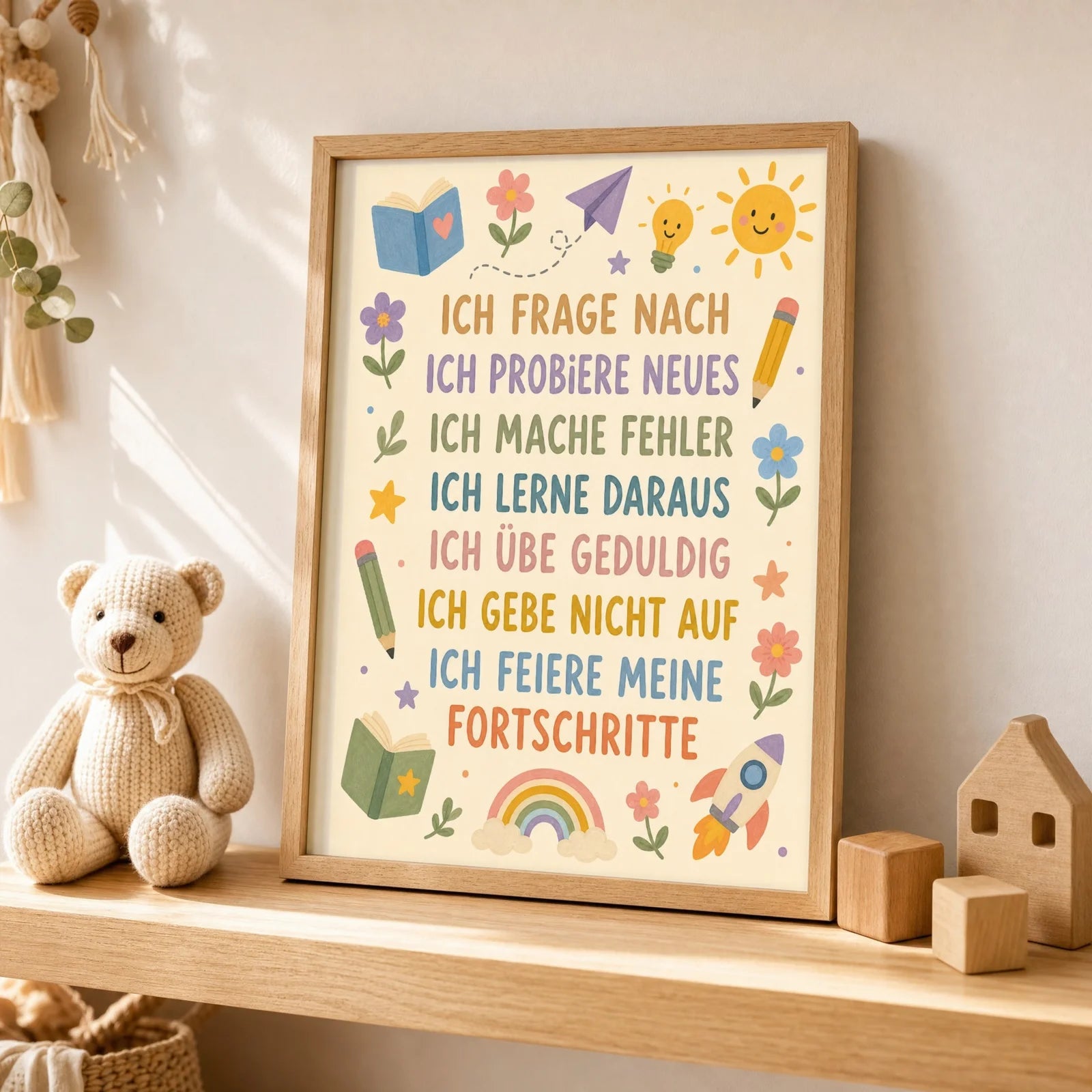 Affirmationsposter Kinderzimmer Blumenwiese Ich frage nach, als Wandbild über der Spielecke