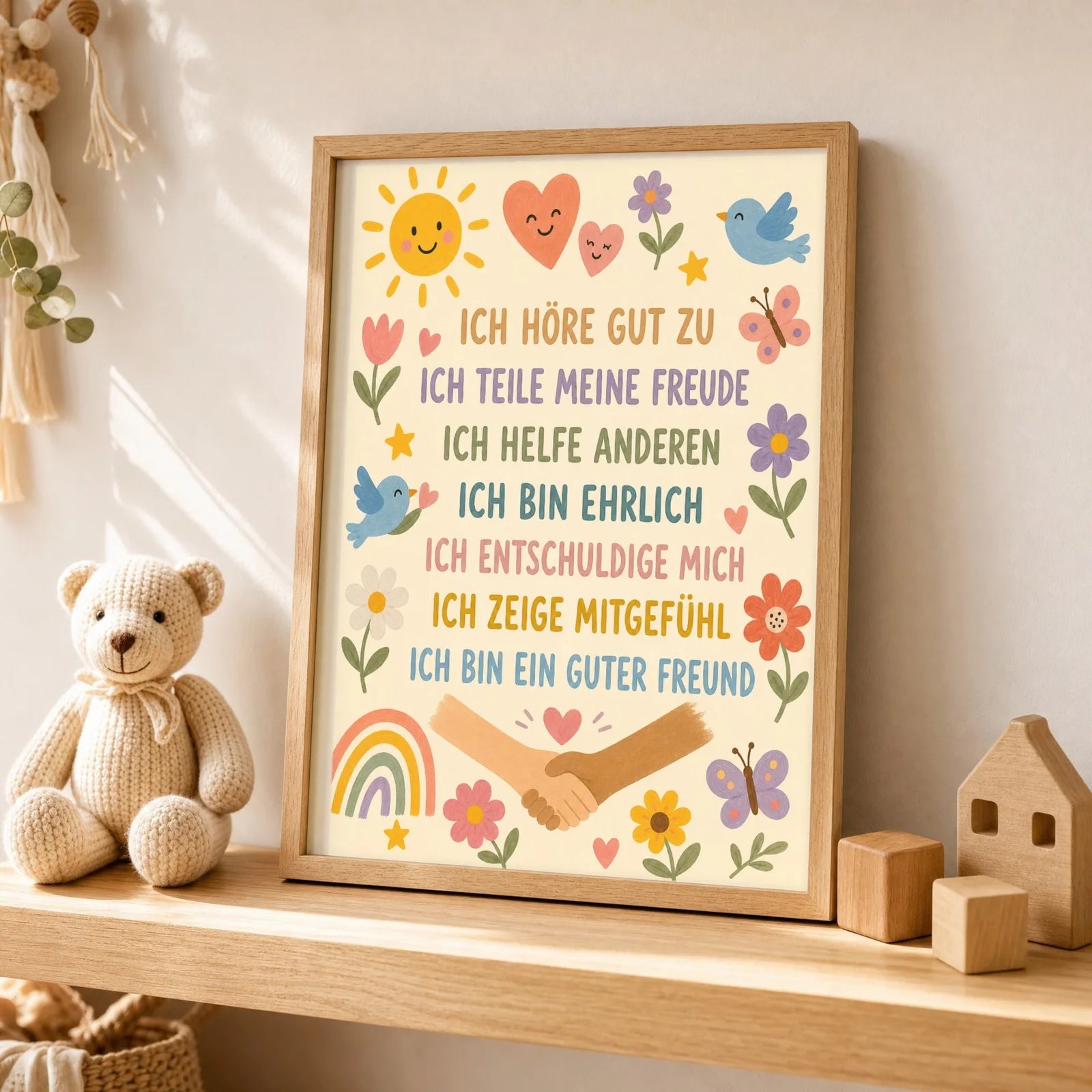 Affirmationsposter Kinderzimmer Blumenwiese Ich höre zu, als Wandbild über der Spielecke