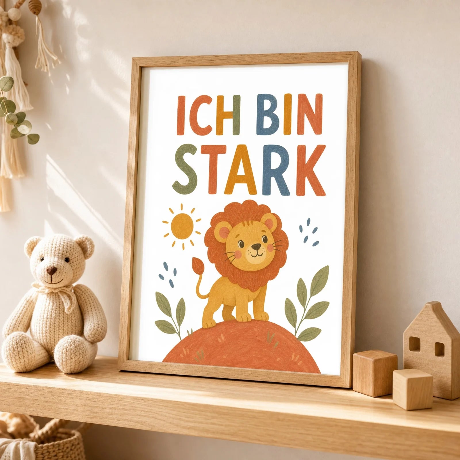Affirmationsposter Kinderzimmer Löwe Ich bin stark, als Wandbild über der Spielecke