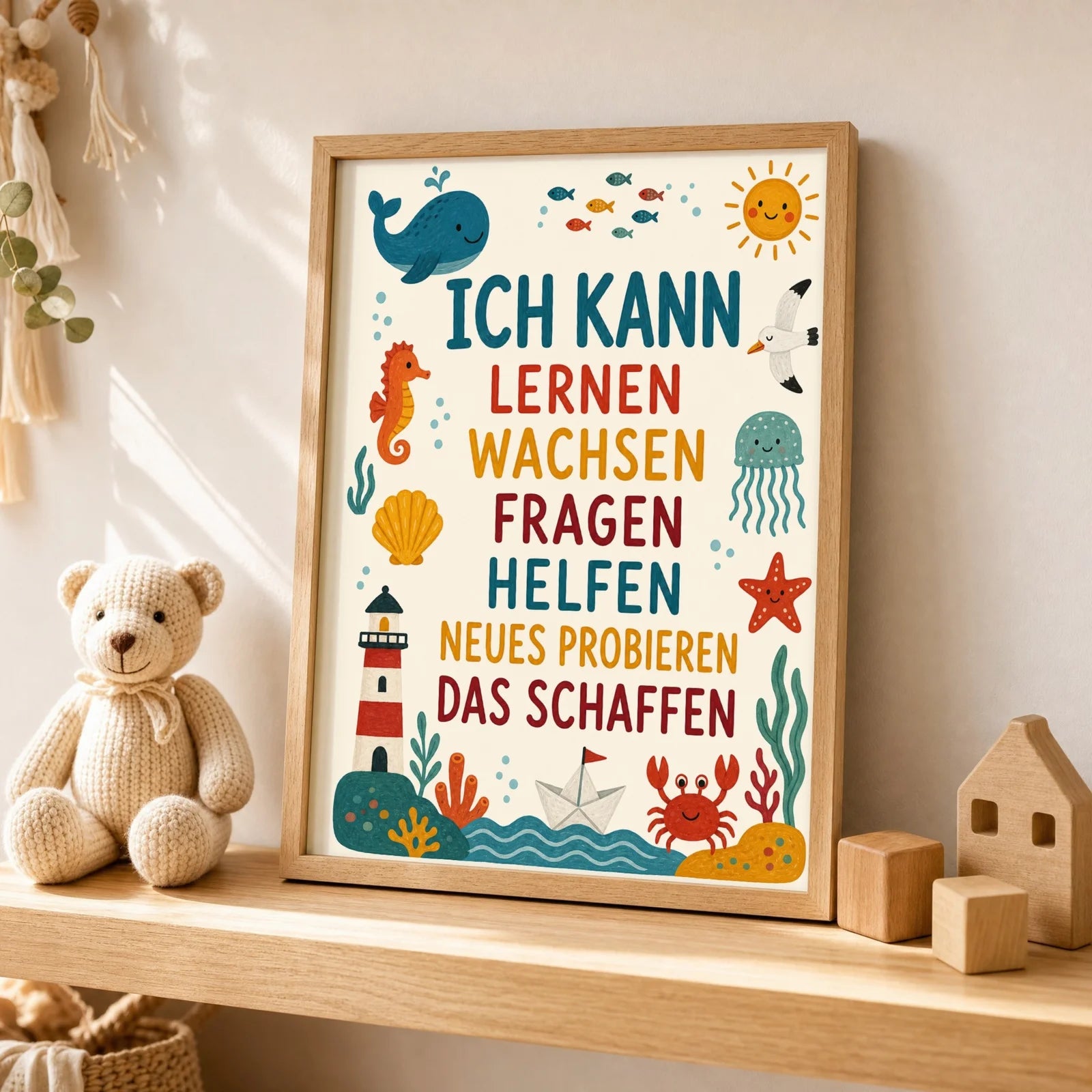 Affirmationsposter Kinderzimmer Meer Ich kann lernen, als Wandbild über der Spielecke
