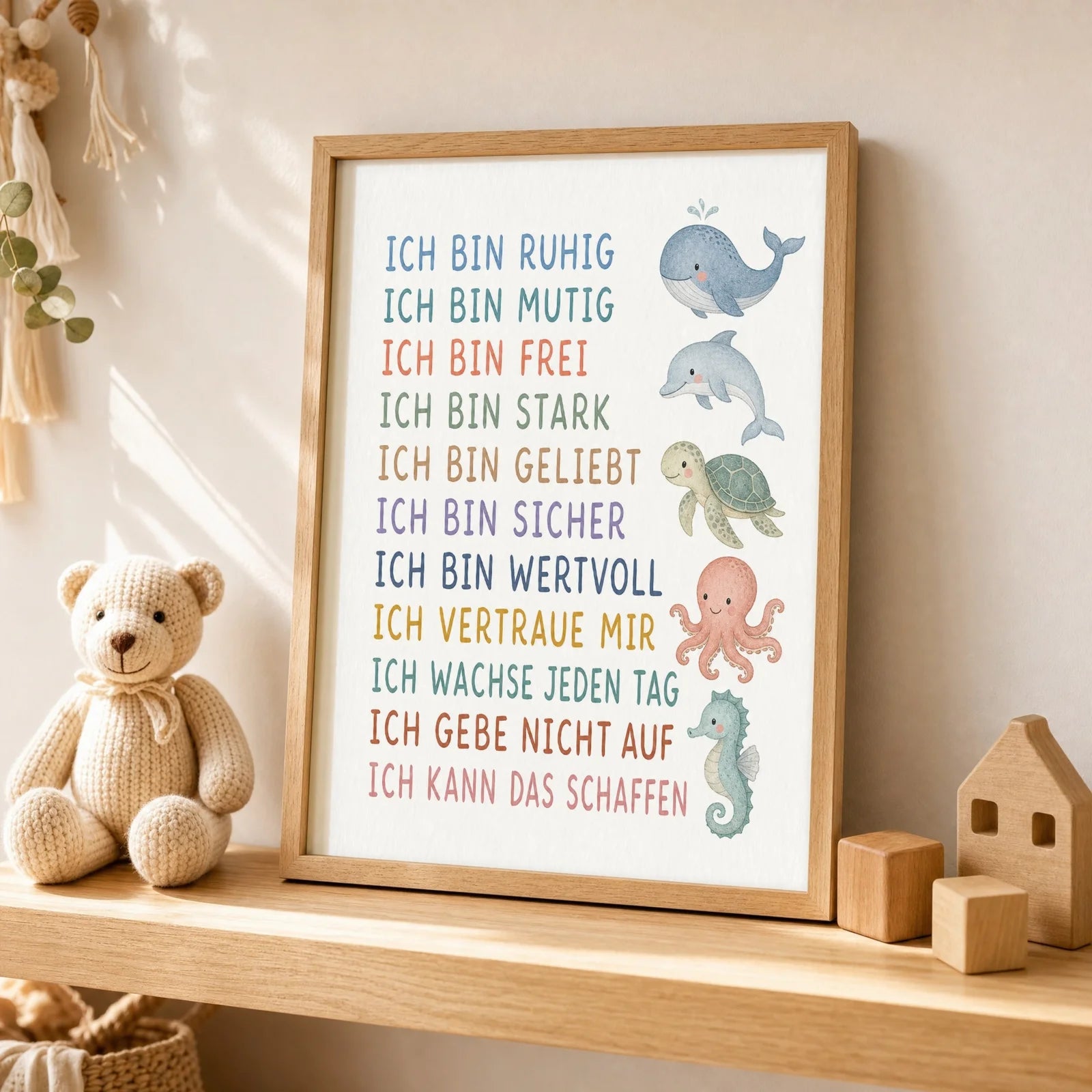 Affirmationsposter Kinderzimmer Meerestiere, als Wandbild über der Spielecke