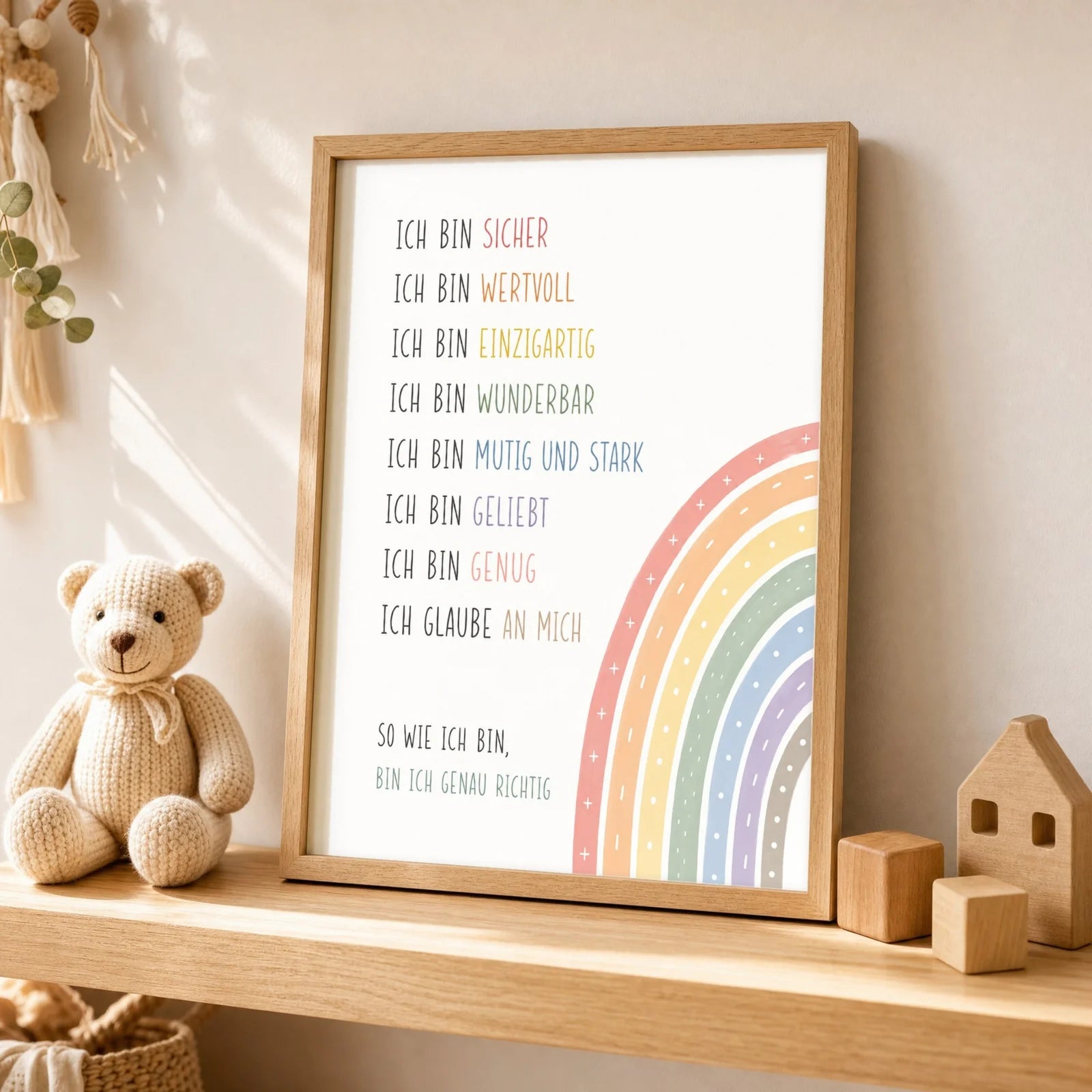Affirmationsposter Kinderzimmer Minimal Ich bin, als Wandbild über der Spielecke