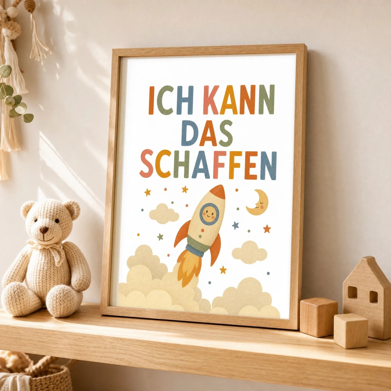 Affirmationsposter Kinderzimmer Rakete Ich kann das schaffen, als Wandbild über der Spielecke