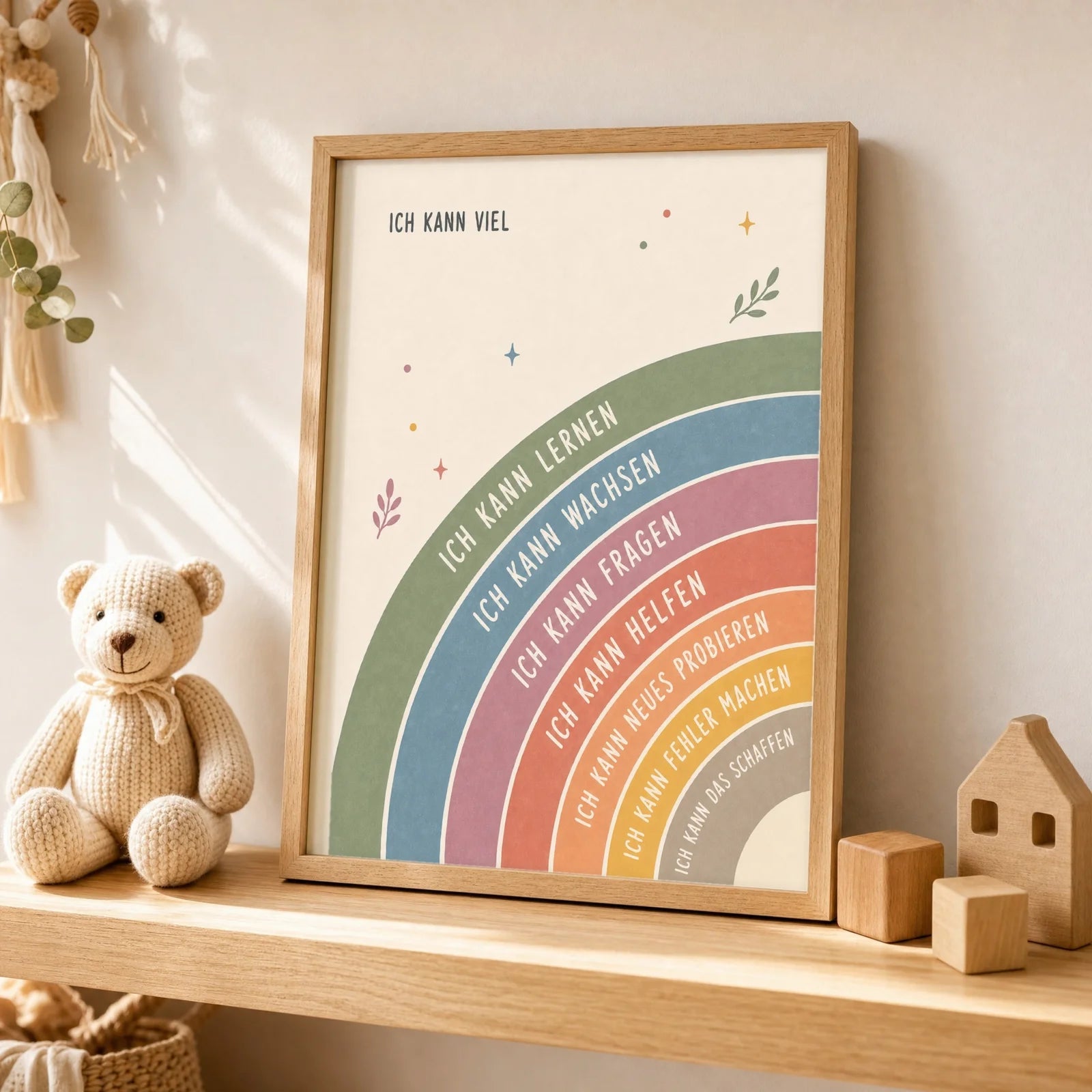 Affirmationsposter Kinderzimmer Regenbogen Ich kann viel, als Wandbild über der Spielecke