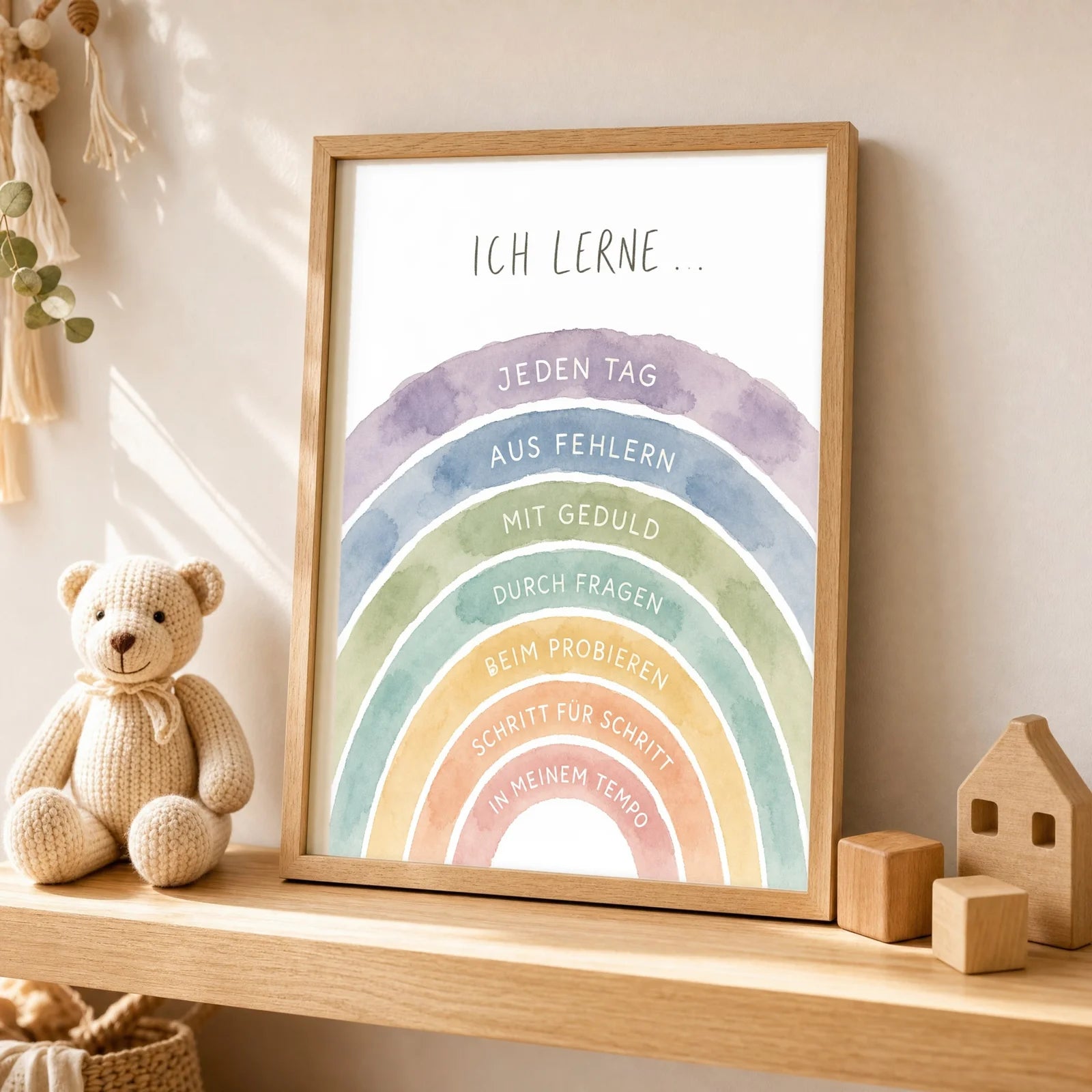 Affirmationsposter Kinderzimmer Regenbogen Ich lerne, als Wandbild über der Spielecke