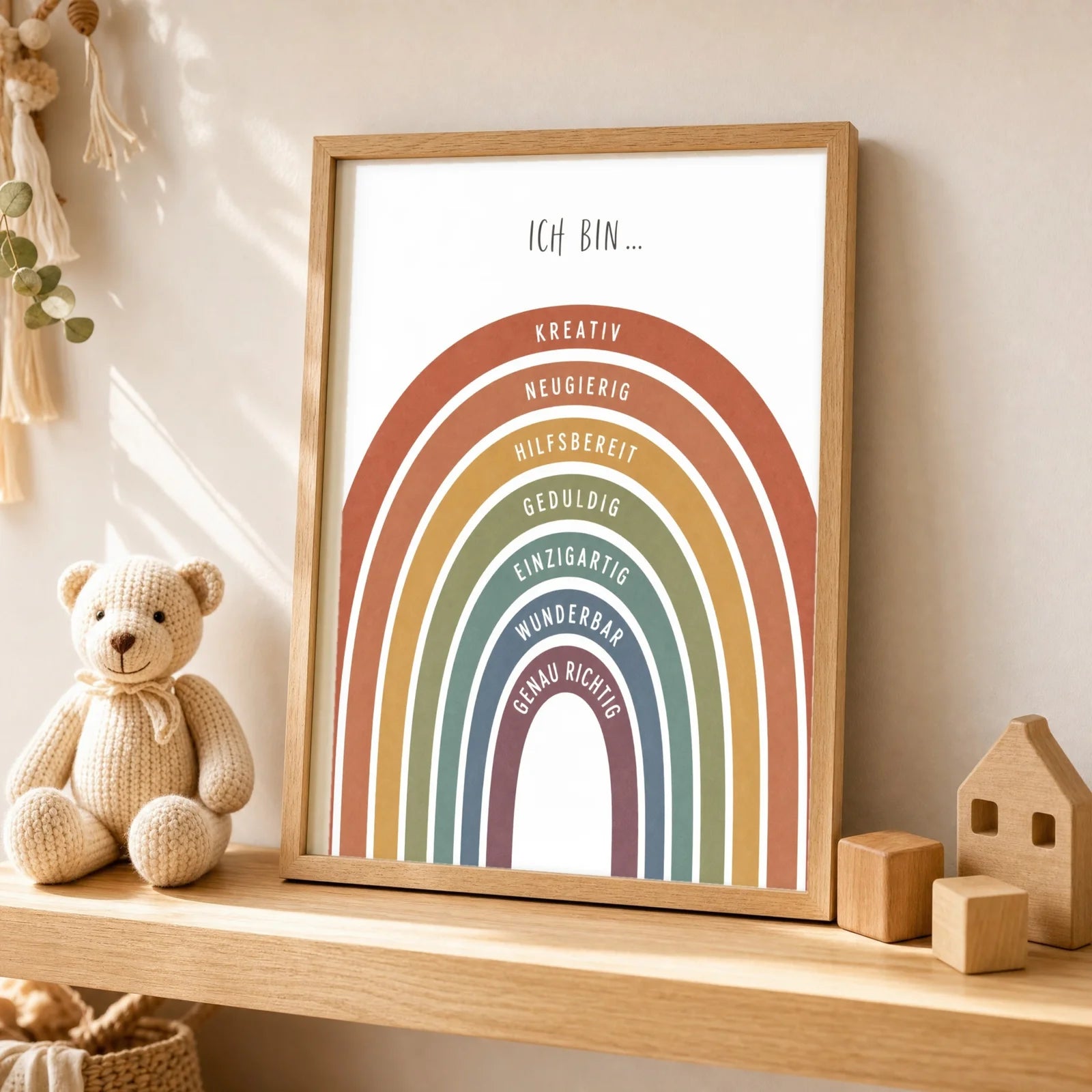 Affirmationsposter Kinderzimmer Regenbogen Terracotta, als Wandbild über der Spielecke