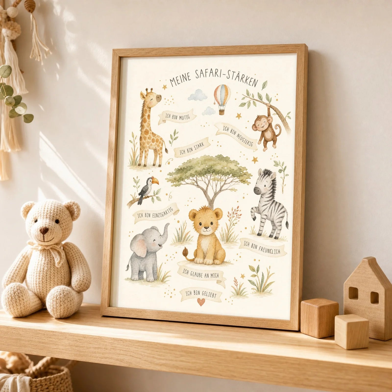 Affirmationsposter Kinderzimmer Safari-Stärken, als Wandbild über der Spielecke