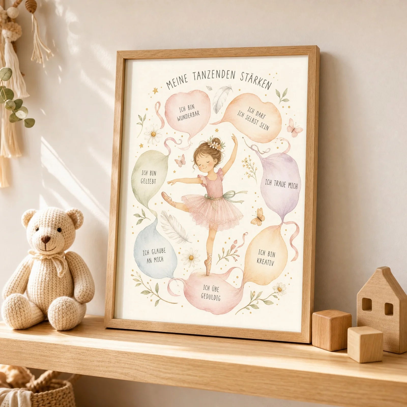 Affirmationsposter Kinderzimmer Tanzende Stärken, als Wandbild über der Spielecke