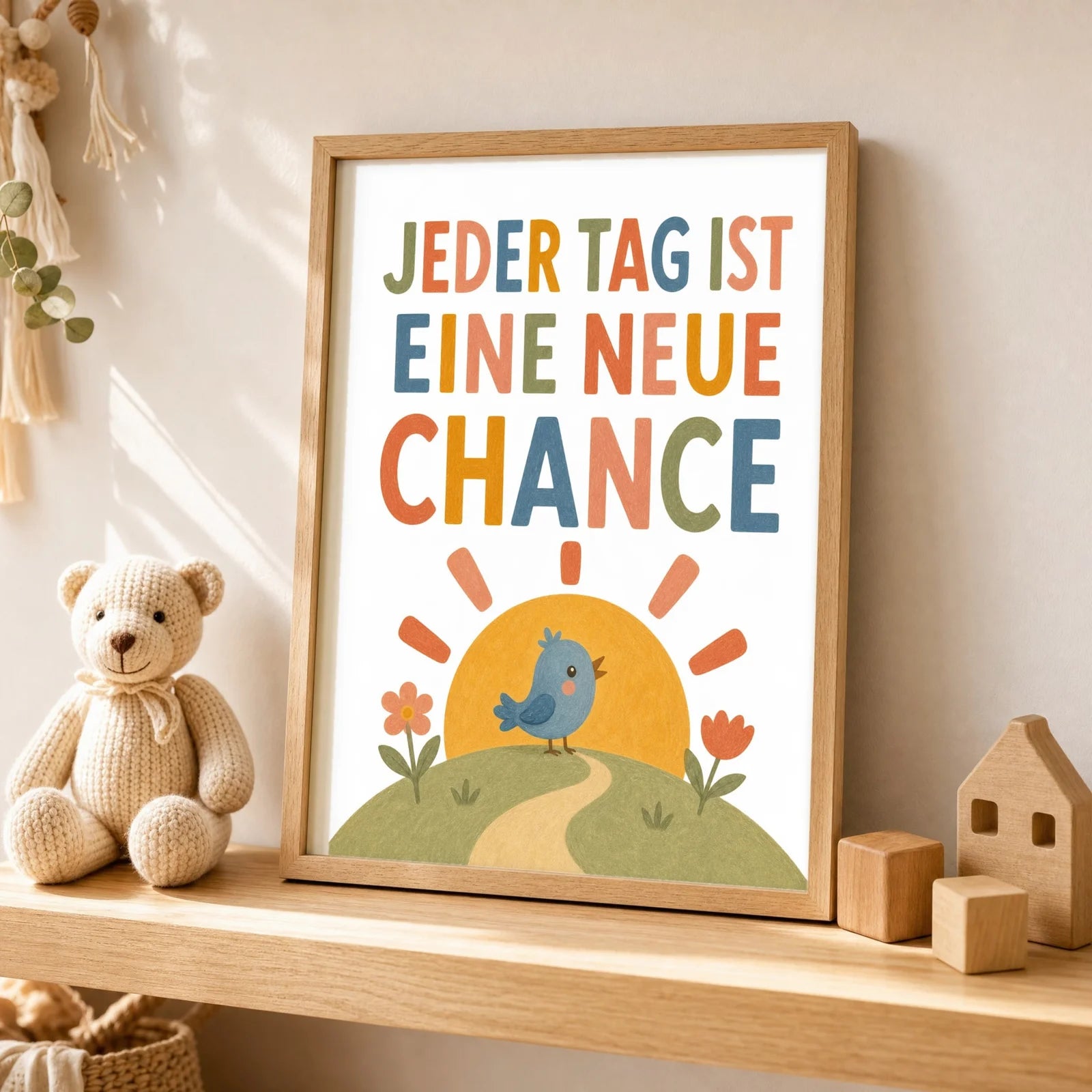 Affirmationsposter Kinderzimmer Vogel Jeder Tag neue Chance, als Wandbild über der Spielecke