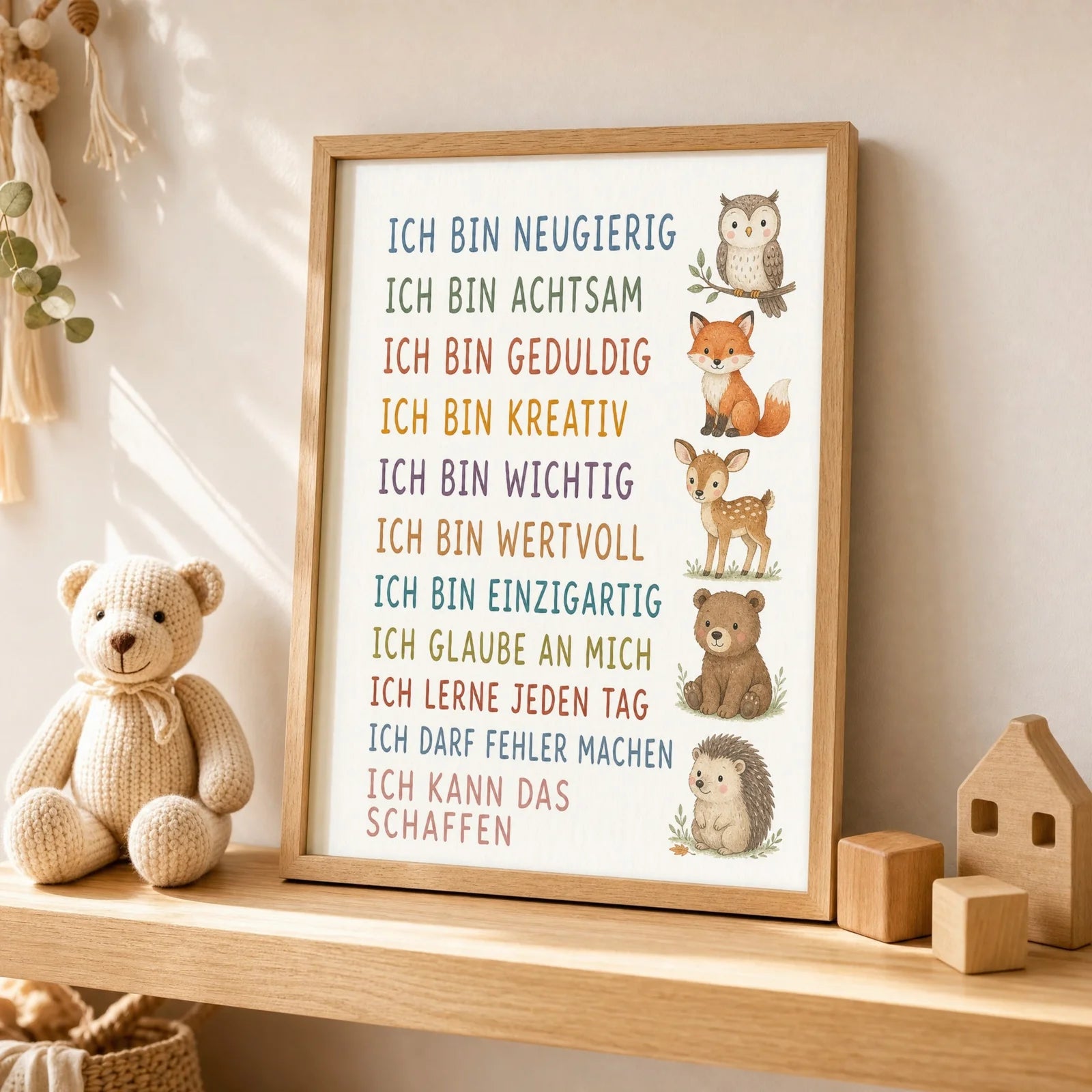 Affirmationsposter Kinderzimmer Waldtiere, als Wandbild über der Spielecke