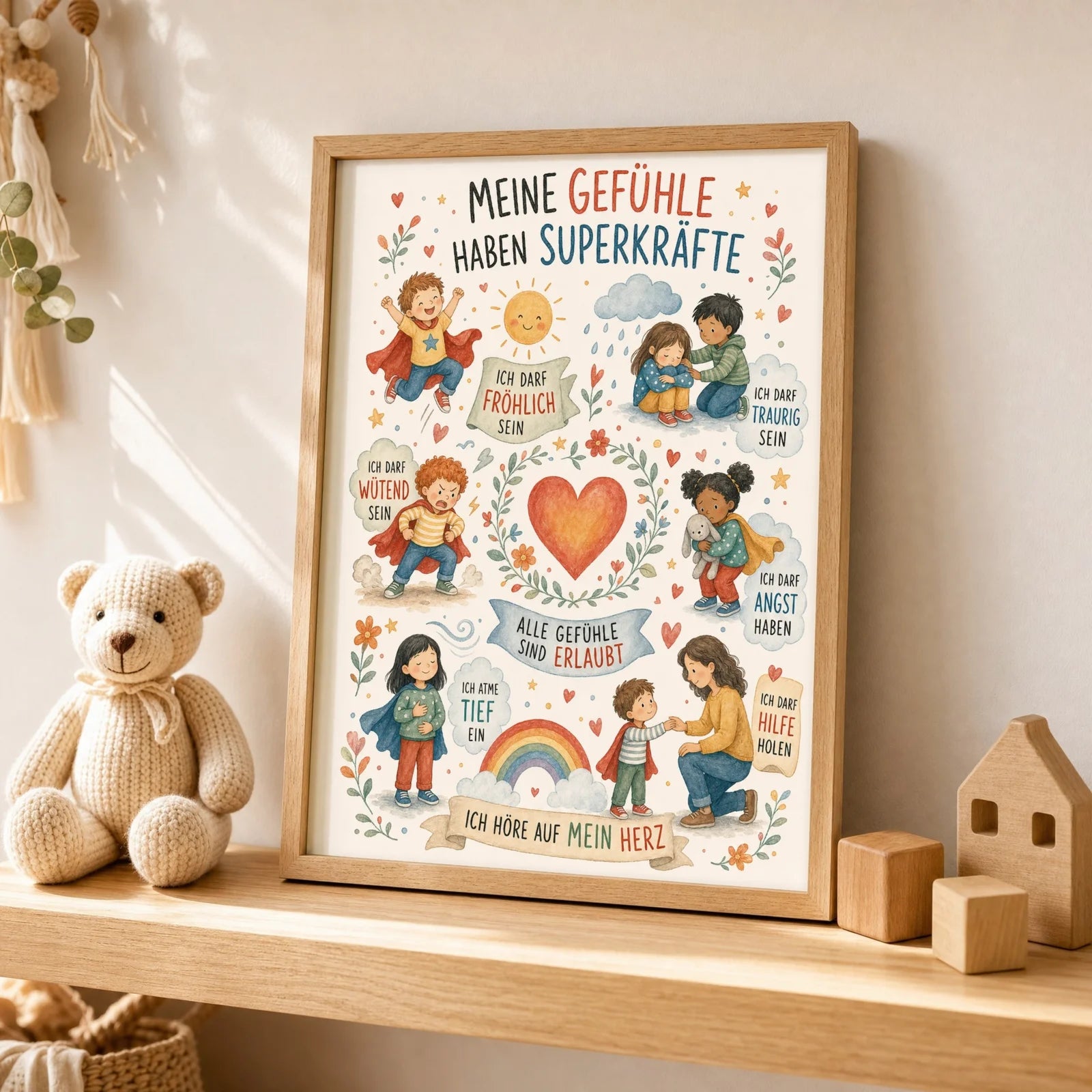 Affirmationsposter Kinderzimmer Wimmelbild Gefühle, als Wandbild über der Spielecke