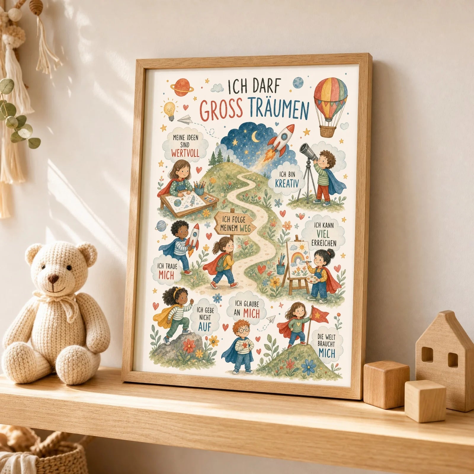 Affirmationsposter Kinderzimmer Wimmelbild Groß träumen, als Wandbild über der Spielecke
