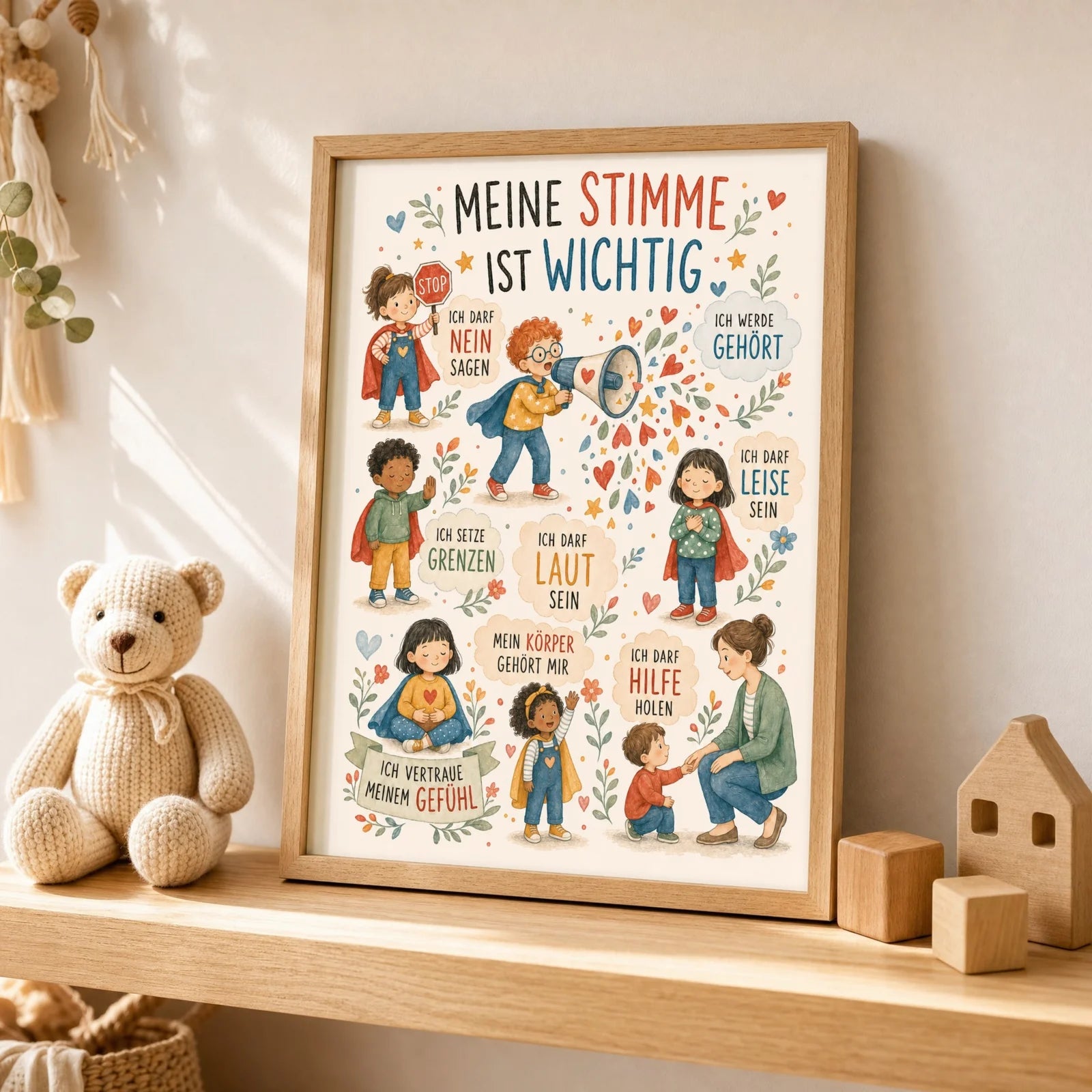 Affirmationsposter Kinderzimmer Wimmelbild Meine Stimme, als Wandbild über der Spielecke