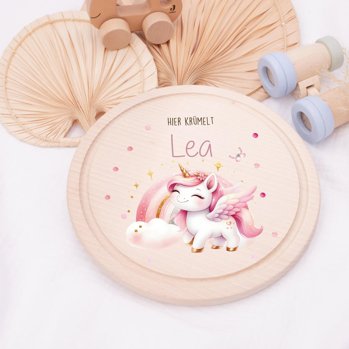 Rundes personalisiertes Frühstücksbrettchen Einhorn mit Namen für Kinder