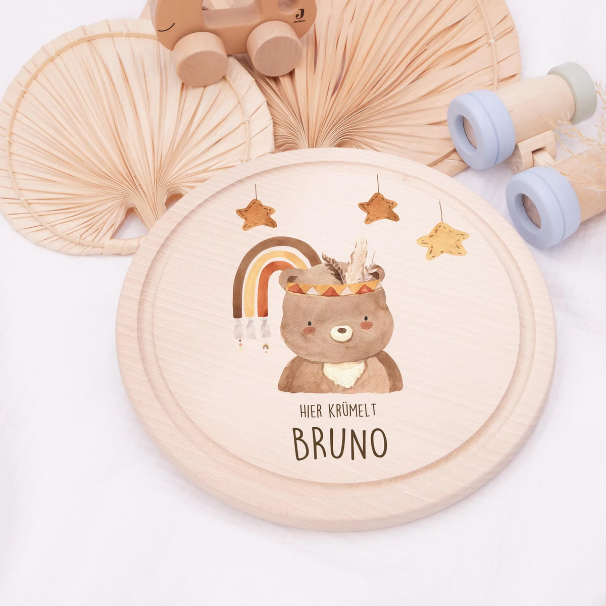 Rundes personalisiertes Frühstücksbrettchen Boho Bär mit Namen für Kinder