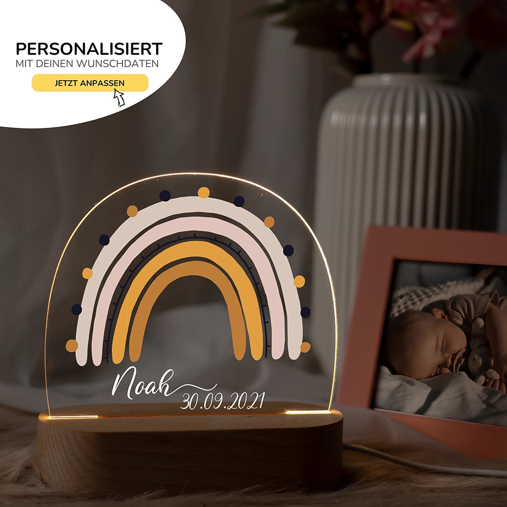 Nachtlicht Regenbogen mit Namen im Kinderzimmer – personalisiertes Geschenk zur Geburt