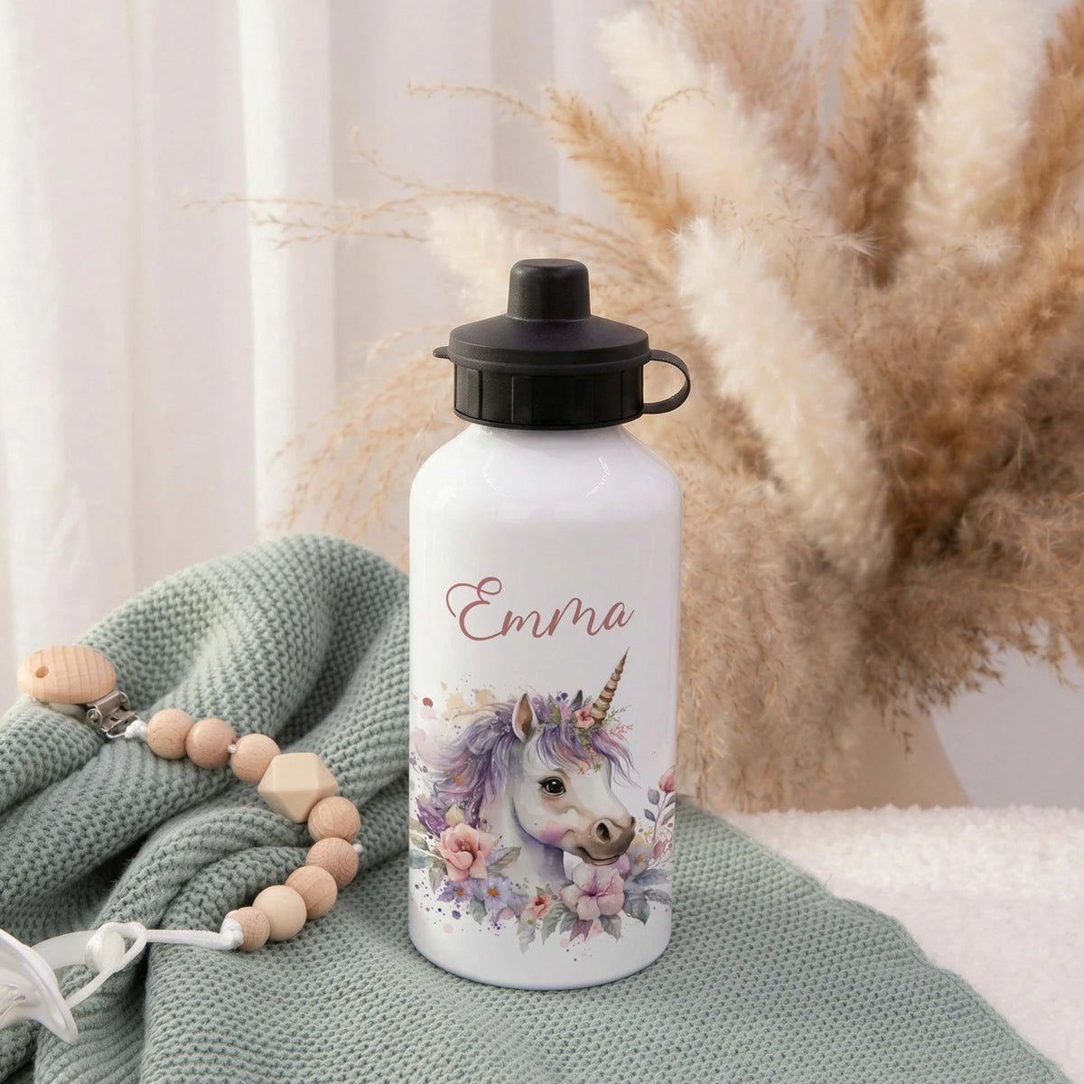 Personalisierte Trinkflasche Kinder – Einhorn Blumenkranz