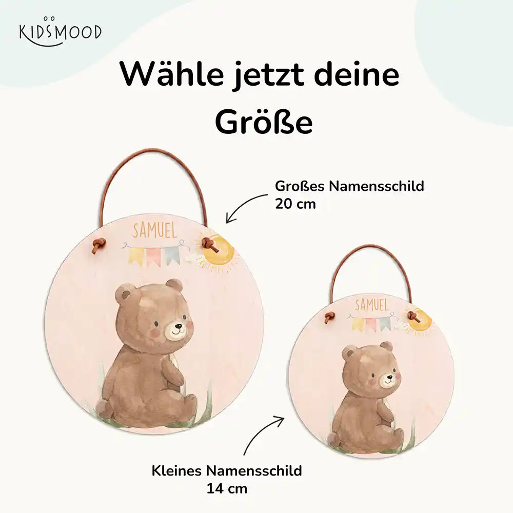 Türschild Kinderzimmer Bär mit Wimpelkette, mit fertig montiertem Lederband zum Aufhängen