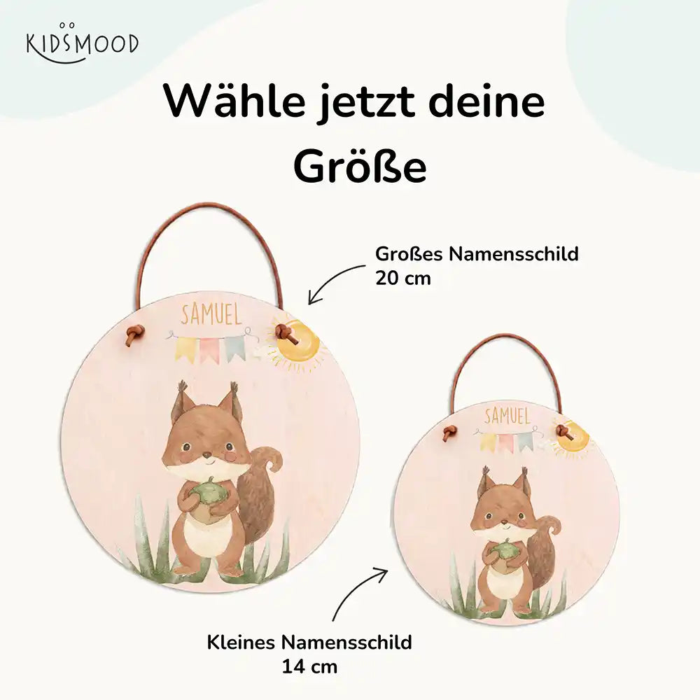 Türschild Kinderzimmer Eichhörnchen mit Wimpelkette, mit fertig montiertem Lederband zum Aufhängen