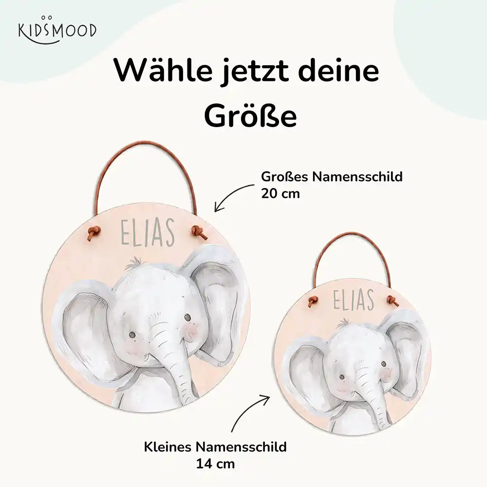 Türschild Kinderzimmer Elefant Porträt, mit fertig montiertem Lederband zum Aufhängen