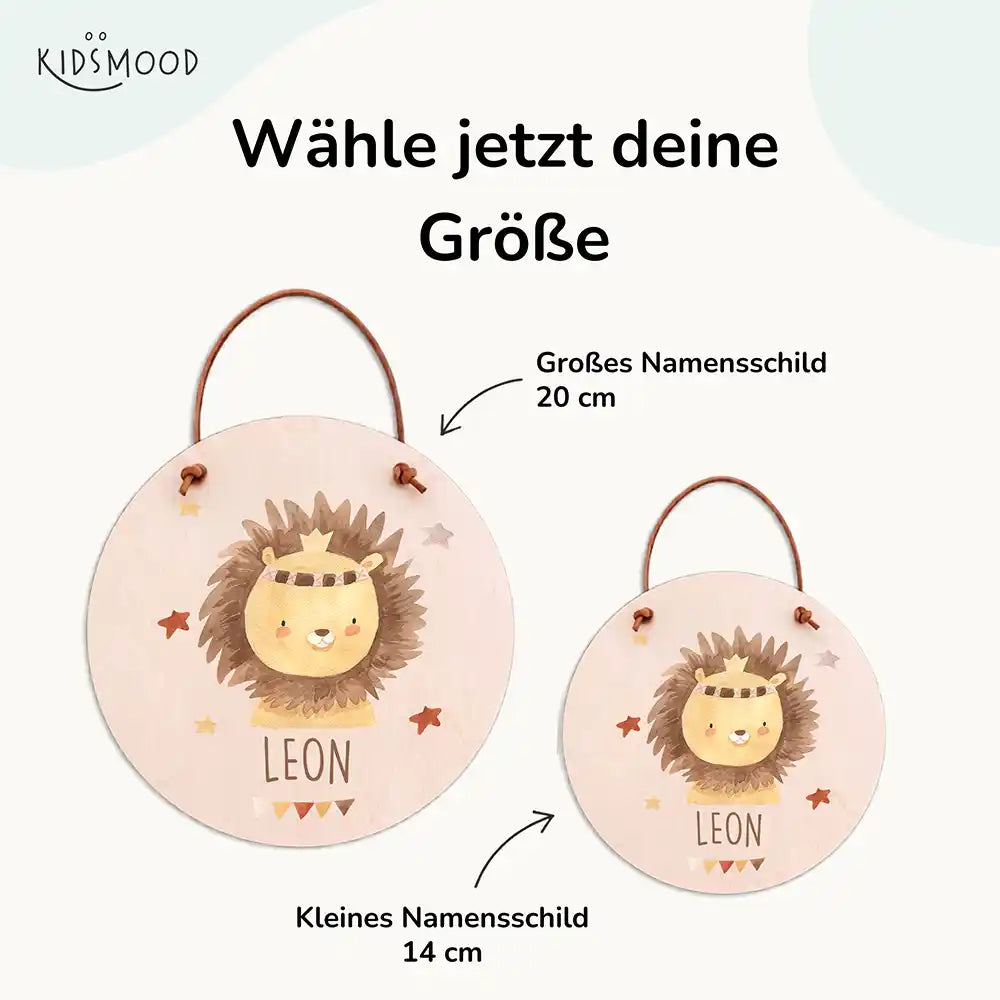 Türschild Kinderzimmer Löwe mit Krone, mit fertig montiertem Lederband zum Aufhängen