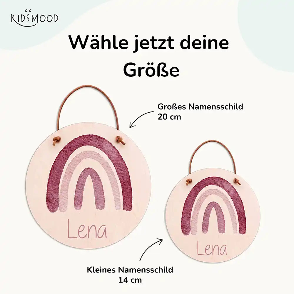 Türschild Kinderzimmer Regenbogen, mit fertig montiertem Lederband zum Aufhängen