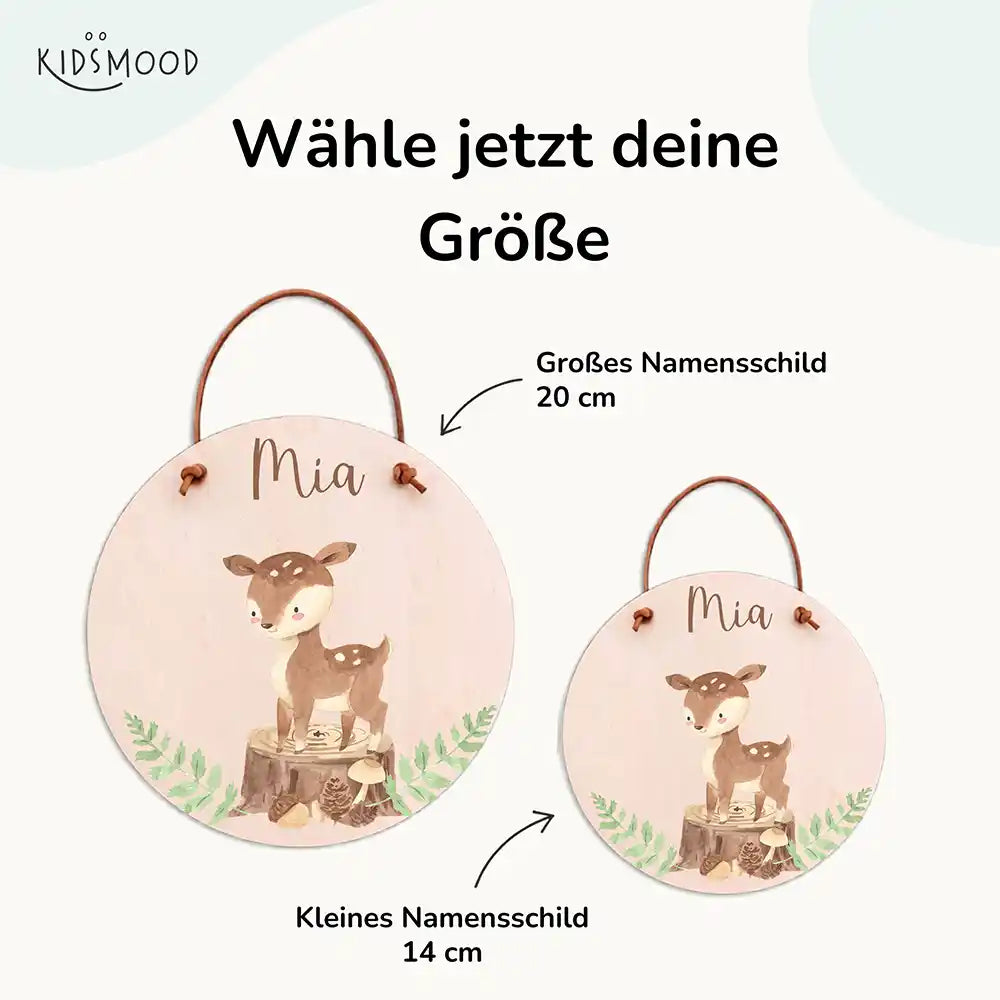 Türschild Kinderzimmer Reh im Wald, mit fertig montiertem Lederband zum Aufhängen