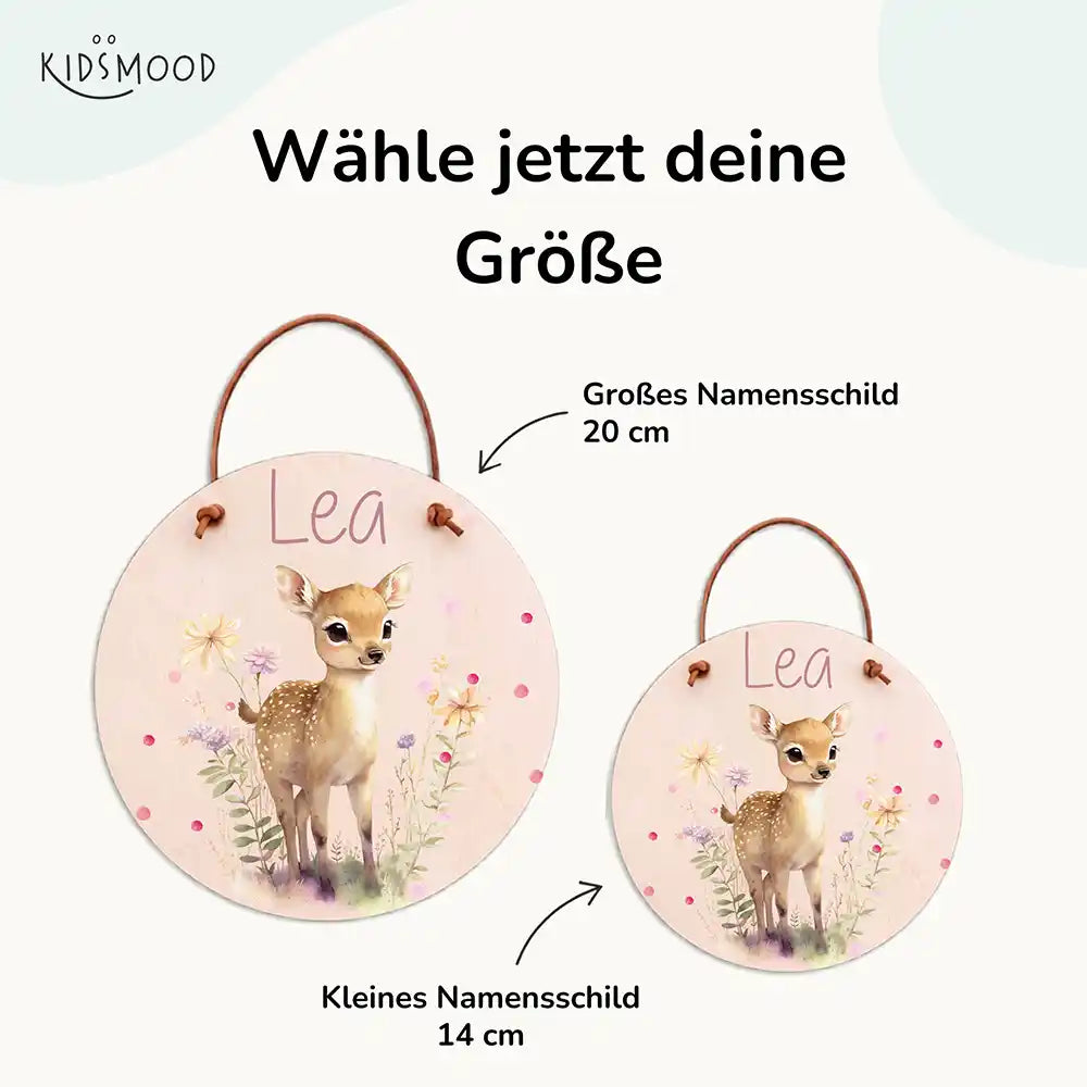 Türschild Kinderzimmer Reh mit Wildblumen, mit fertig montiertem Lederband zum Aufhängen