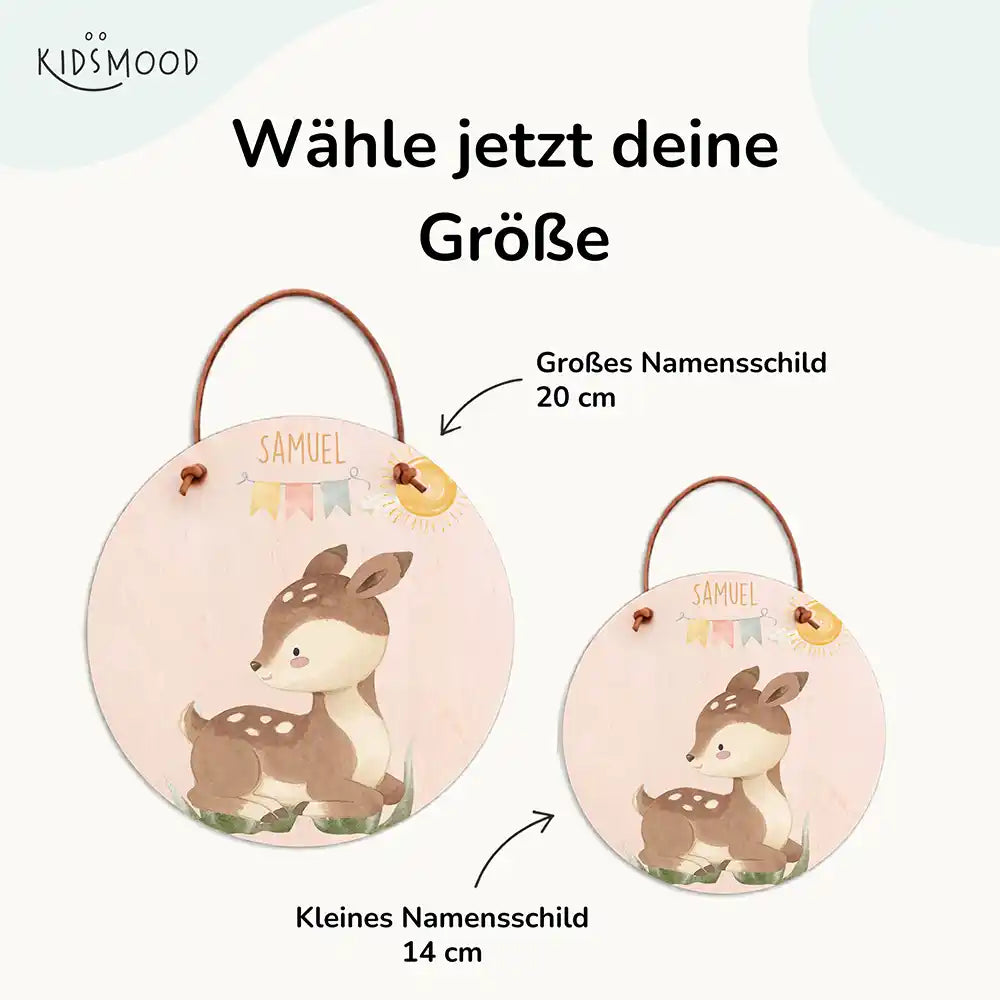 Türschild Kinderzimmer Reh mit Wimpelkette, mit fertig montiertem Lederband zum Aufhängen