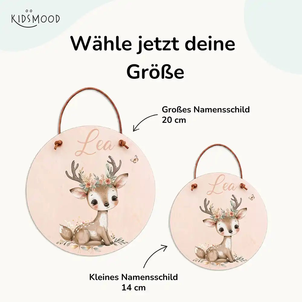 Türschild Kinderzimmer Rehkitz mit Blumenkrone, mit fertig montiertem Lederband zum Aufhängen