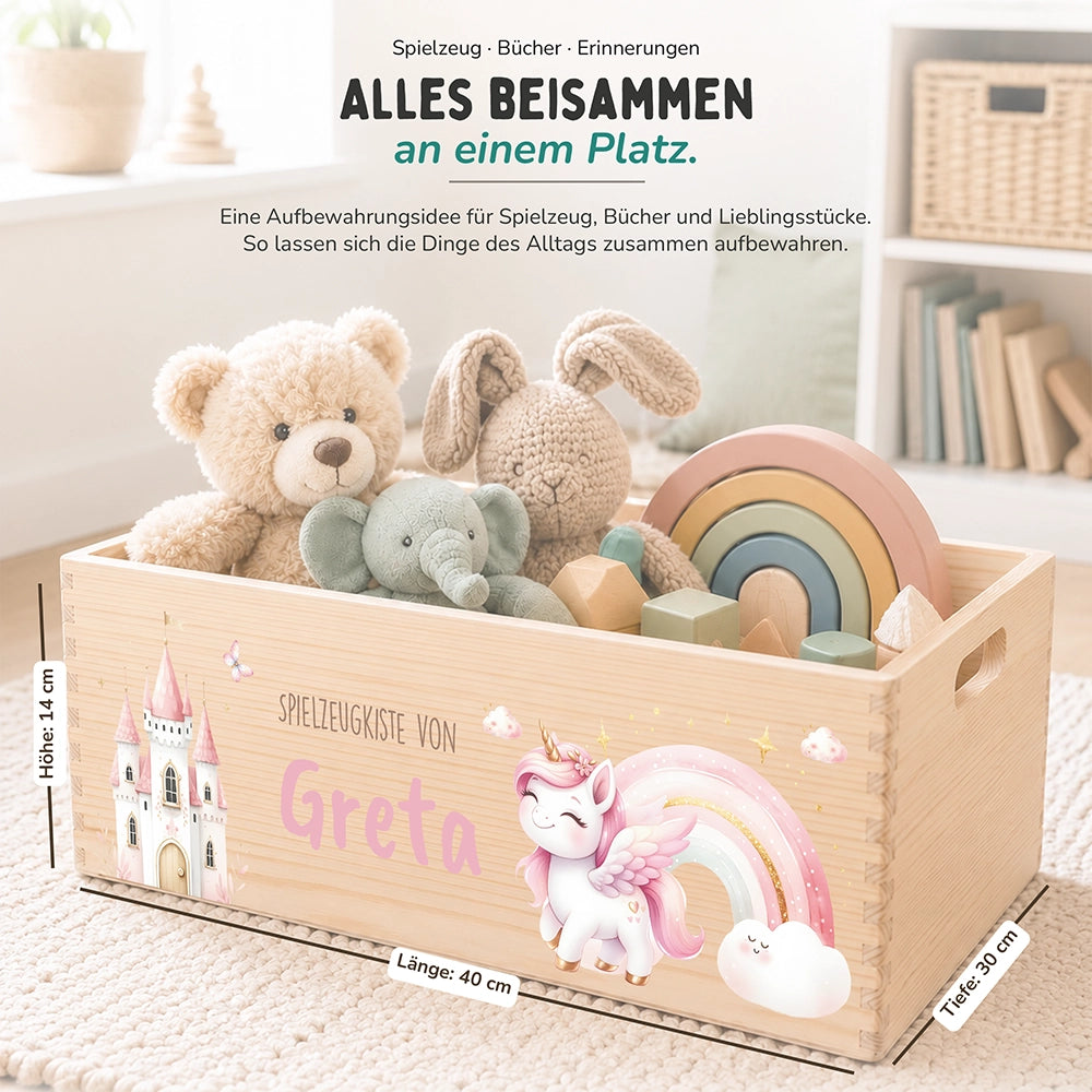 Spielzeugkiste personalisiert mit Namen - Einhorn Zauberwelt