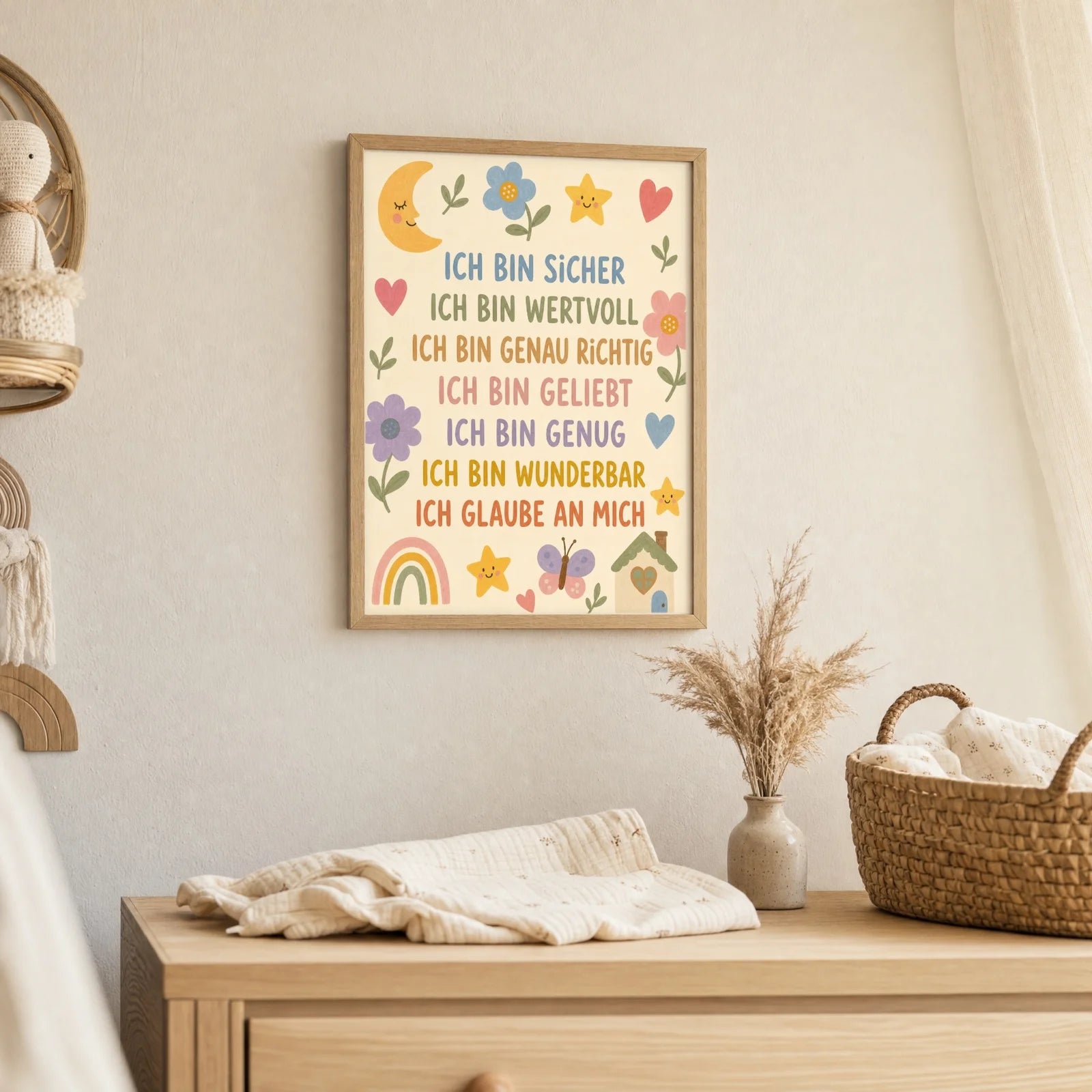 Affirmationsposter Kinderzimmer Blumenwiese Ich bin sicher, als Deko mit Holzrahmen