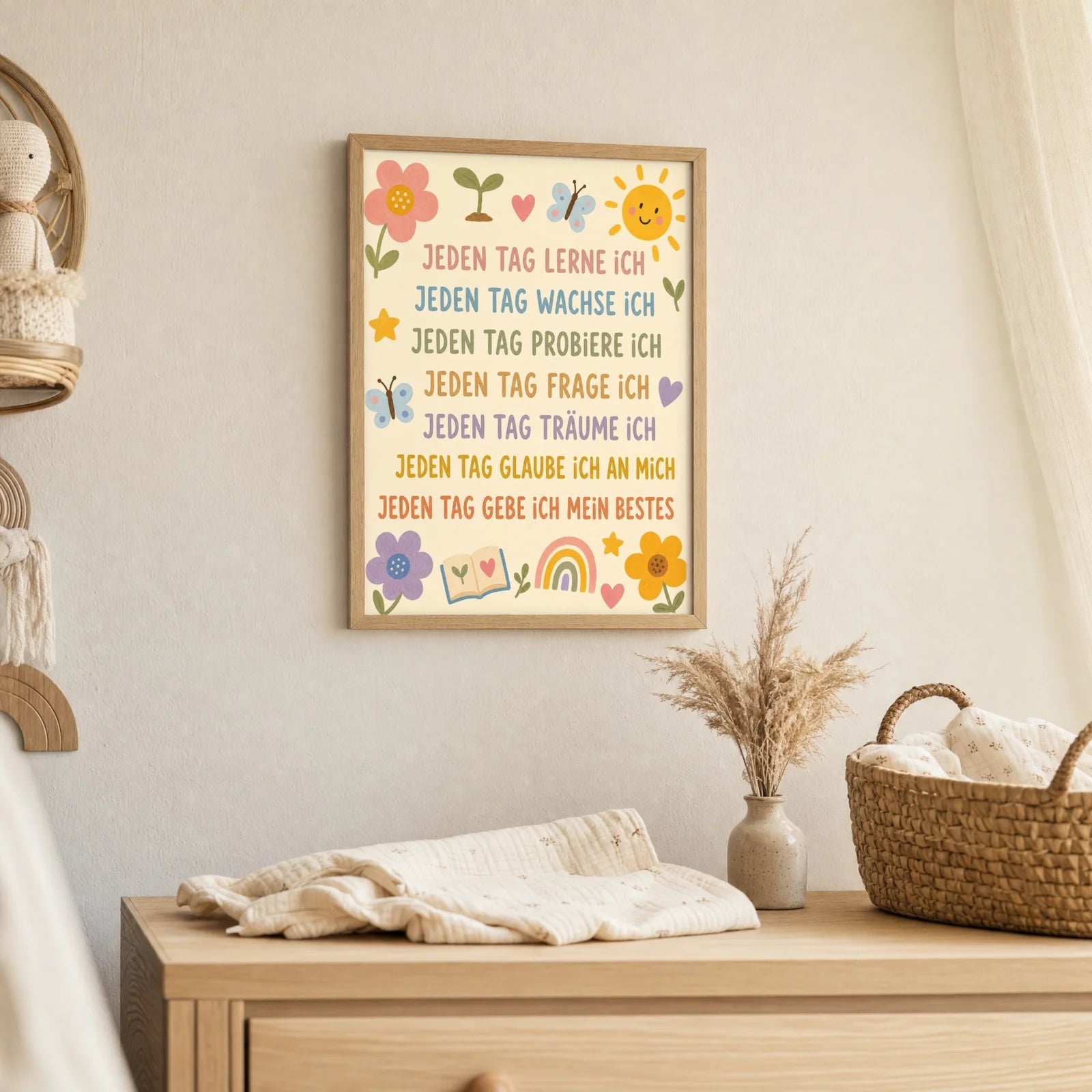 Affirmationsposter Kinderzimmer Blumenwiese Jeden Tag, als Deko mit Holzrahmen