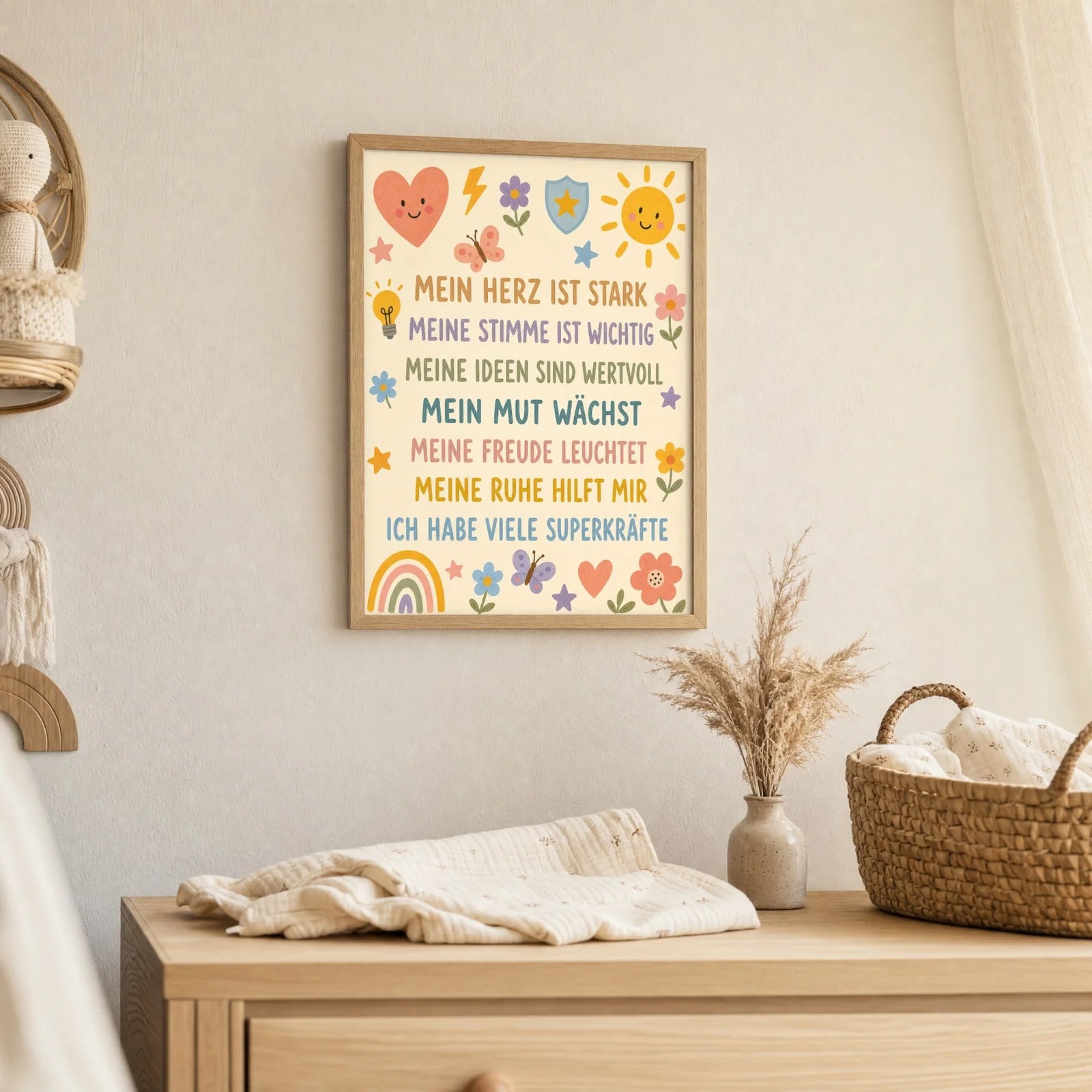 Affirmationsposter Kinderzimmer Blumenwiese Superkräfte, als Deko mit Holzrahmen