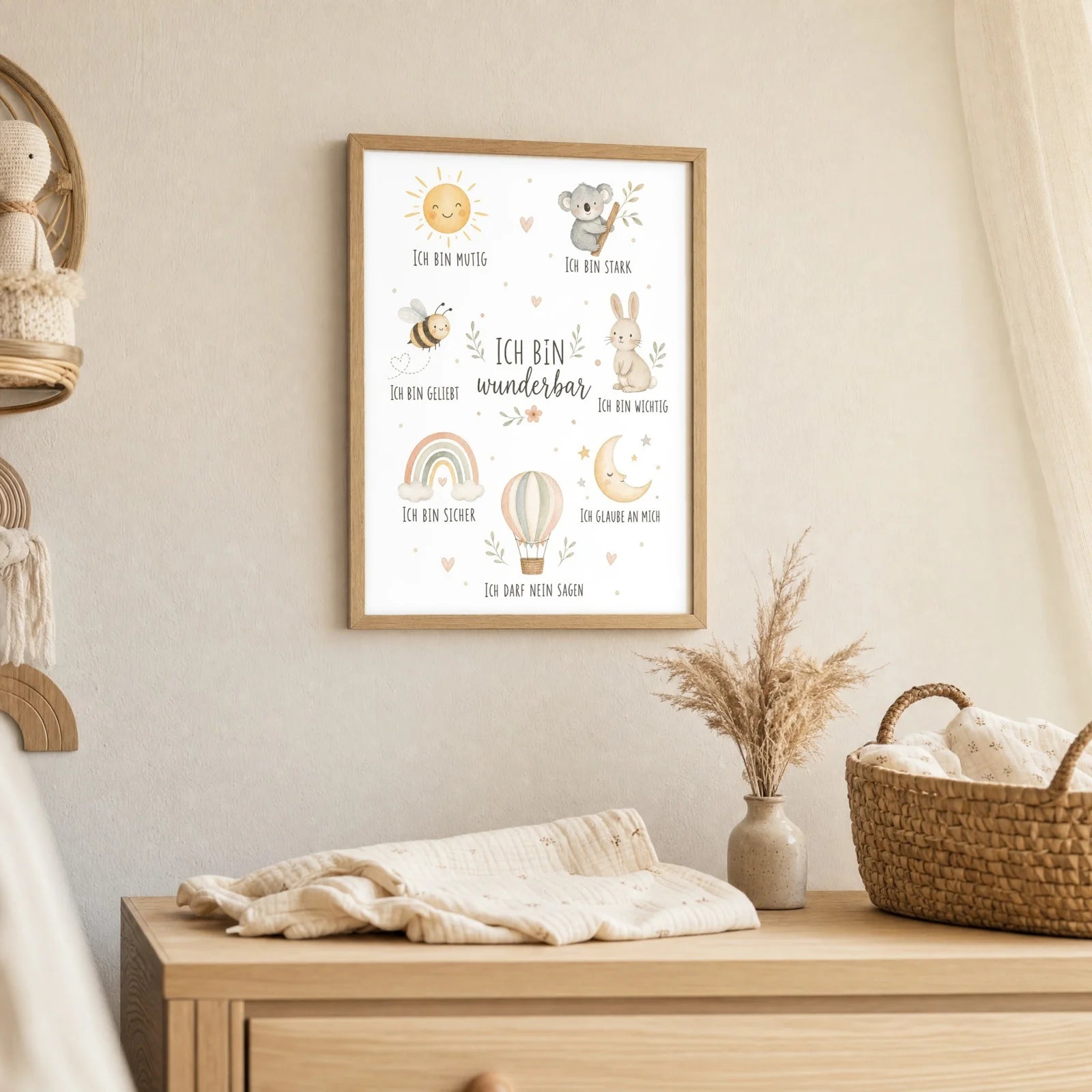 Affirmationsposter Kinderzimmer Collage Ich bin wunderbar, als Deko mit Holzrahmen