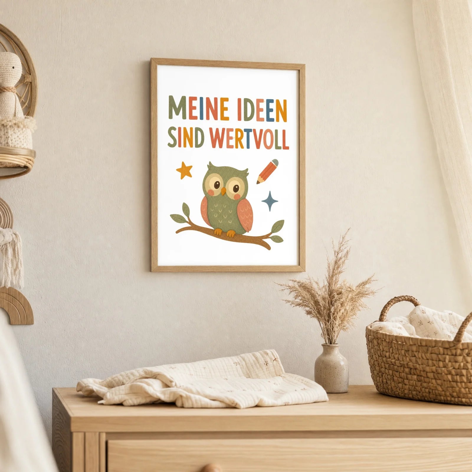 Affirmationsposter Kinderzimmer Eule Meine Ideen sind wertvoll, als Deko mit Holzrahmen