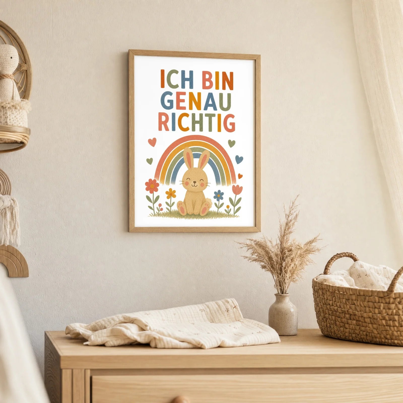 Affirmationsposter Kinderzimmer Hase Ich bin genau richtig, als Deko mit Holzrahmen