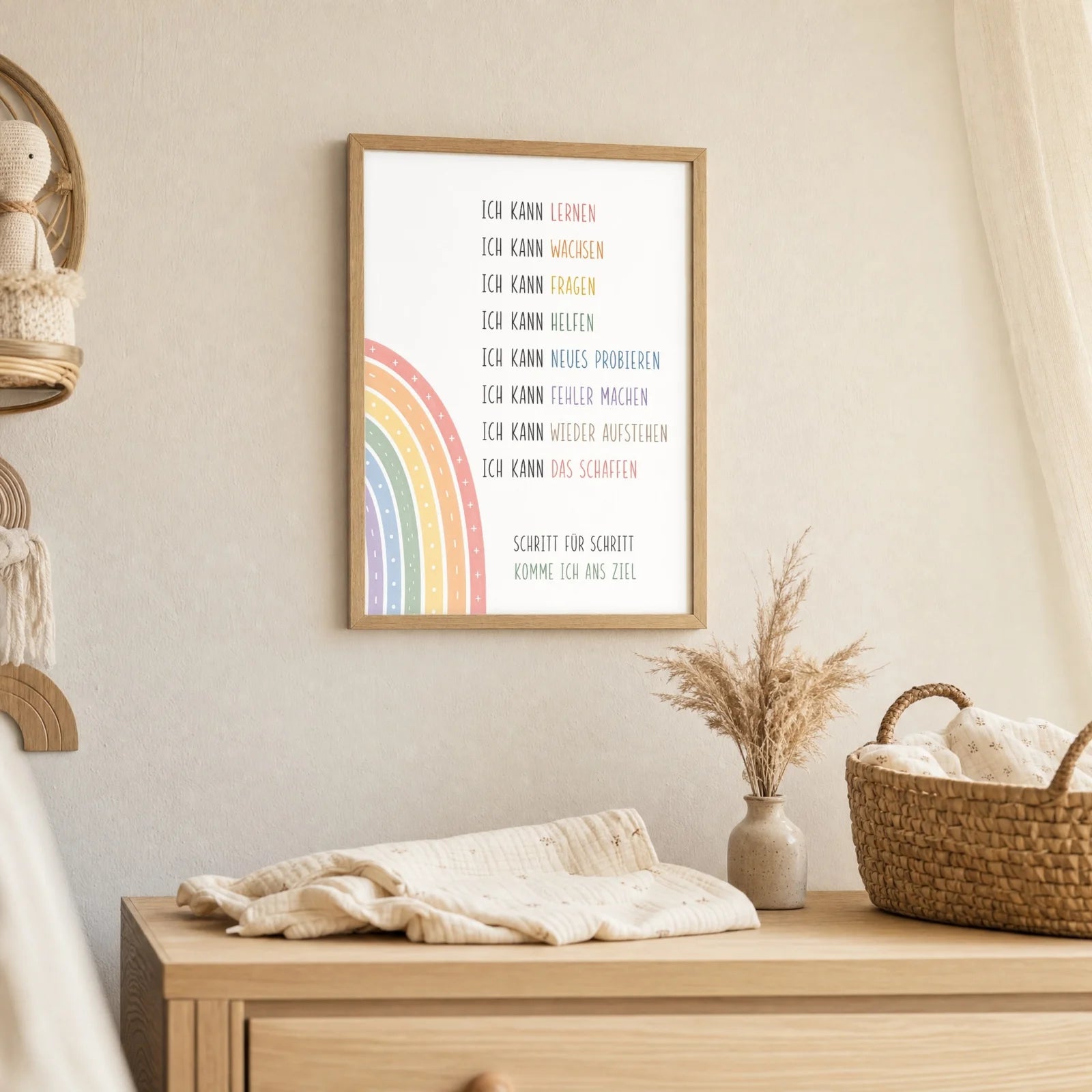 Affirmationsposter Kinderzimmer Minimal Ich kann, als Deko mit Holzrahmen