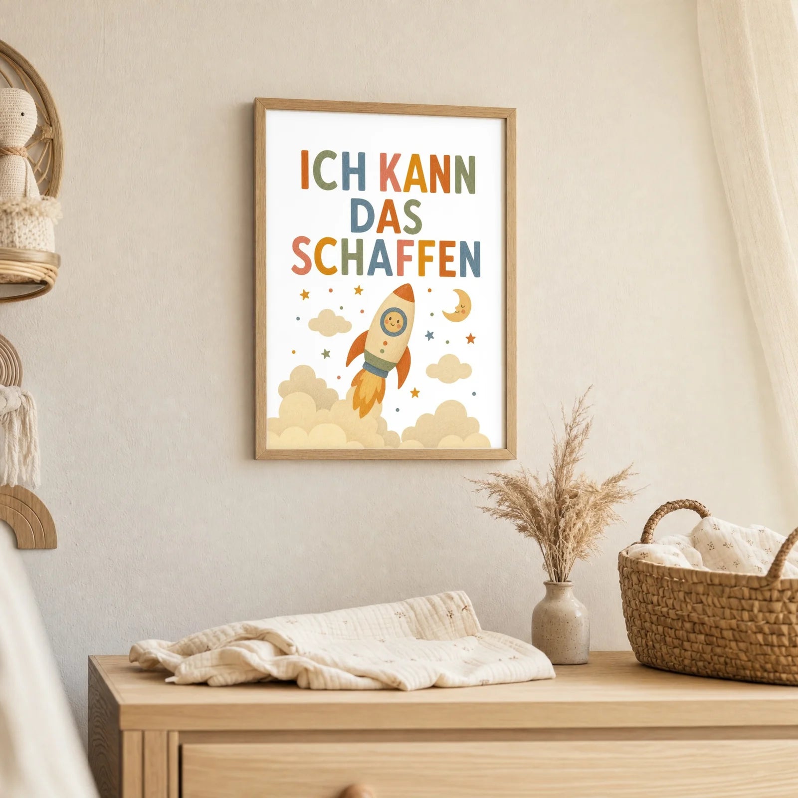 Affirmationsposter Kinderzimmer Rakete Ich kann das schaffen, als Deko mit Holzrahmen
