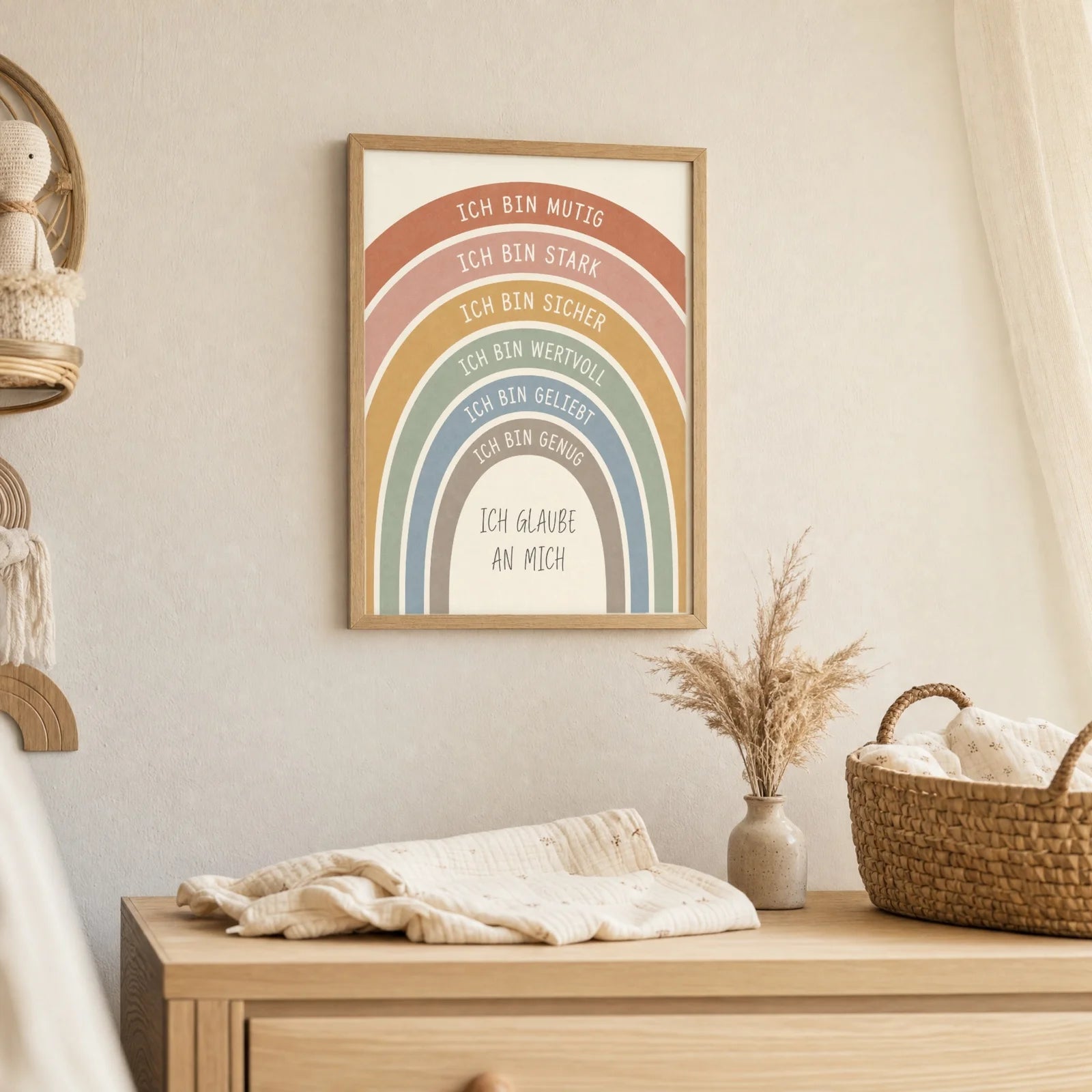 Affirmationsposter Kinderzimmer Regenbogen Creme, als Deko mit Holzrahmen