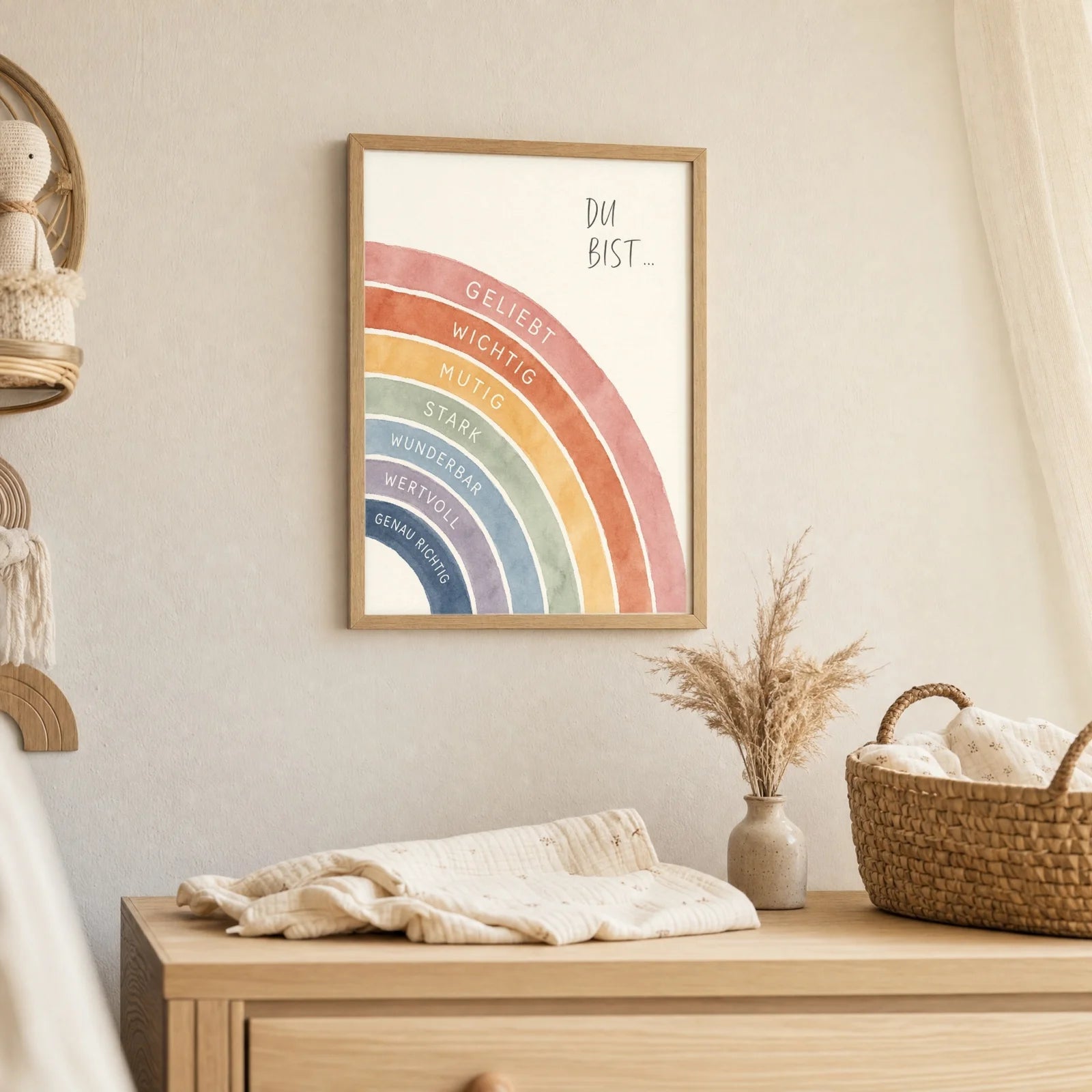 Affirmationsposter Kinderzimmer Regenbogen Du bist, als Deko mit Holzrahmen