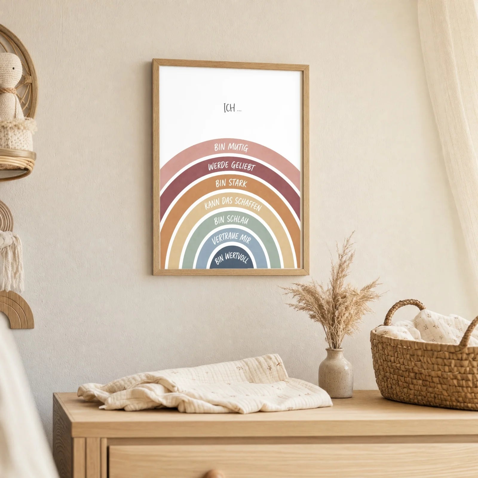 Affirmationsposter Kinderzimmer Regenbogen Ich bin mutig, als Deko mit Holzrahmen