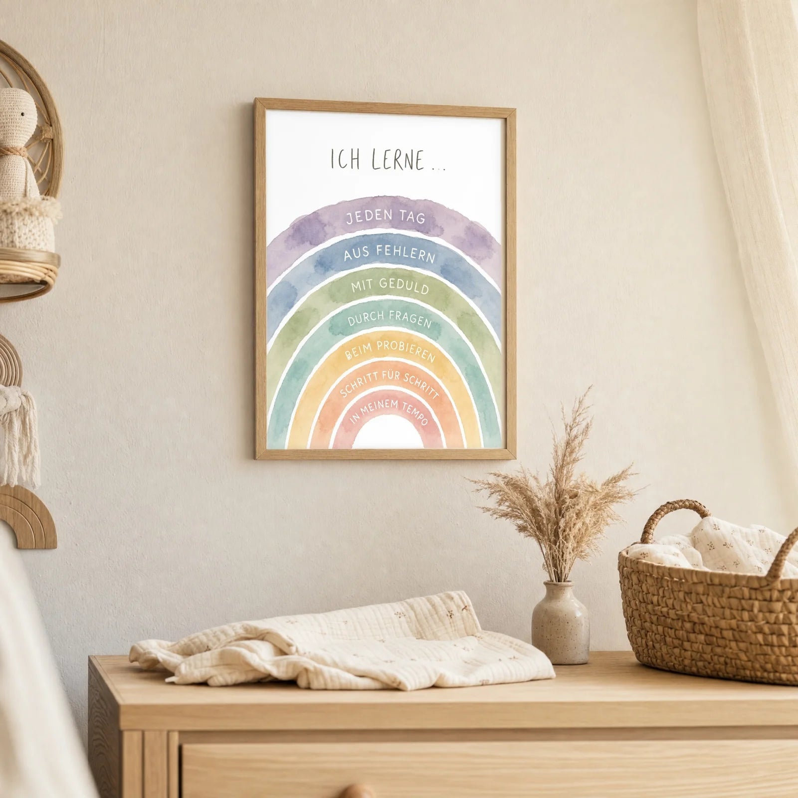 Affirmationsposter Kinderzimmer Regenbogen Ich lerne, als Deko mit Holzrahmen