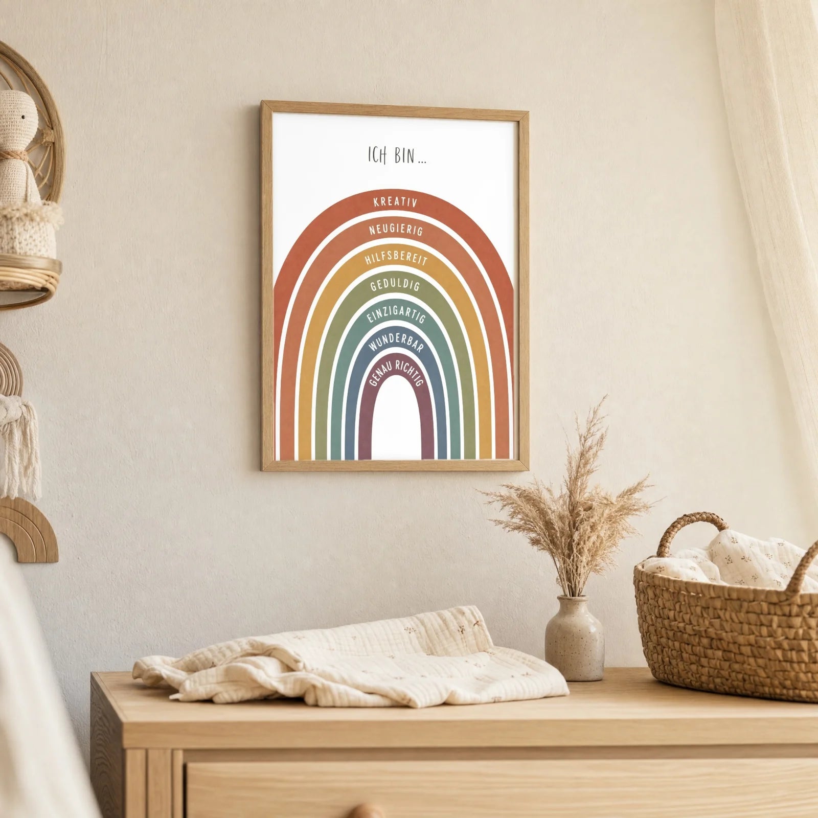 Affirmationsposter Kinderzimmer Regenbogen Terracotta, als Deko mit Holzrahmen