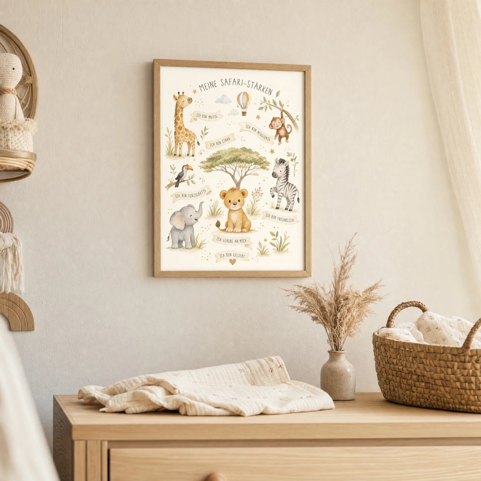 Affirmationsposter Kinderzimmer Safari-Stärken, als Deko mit Holzrahmen