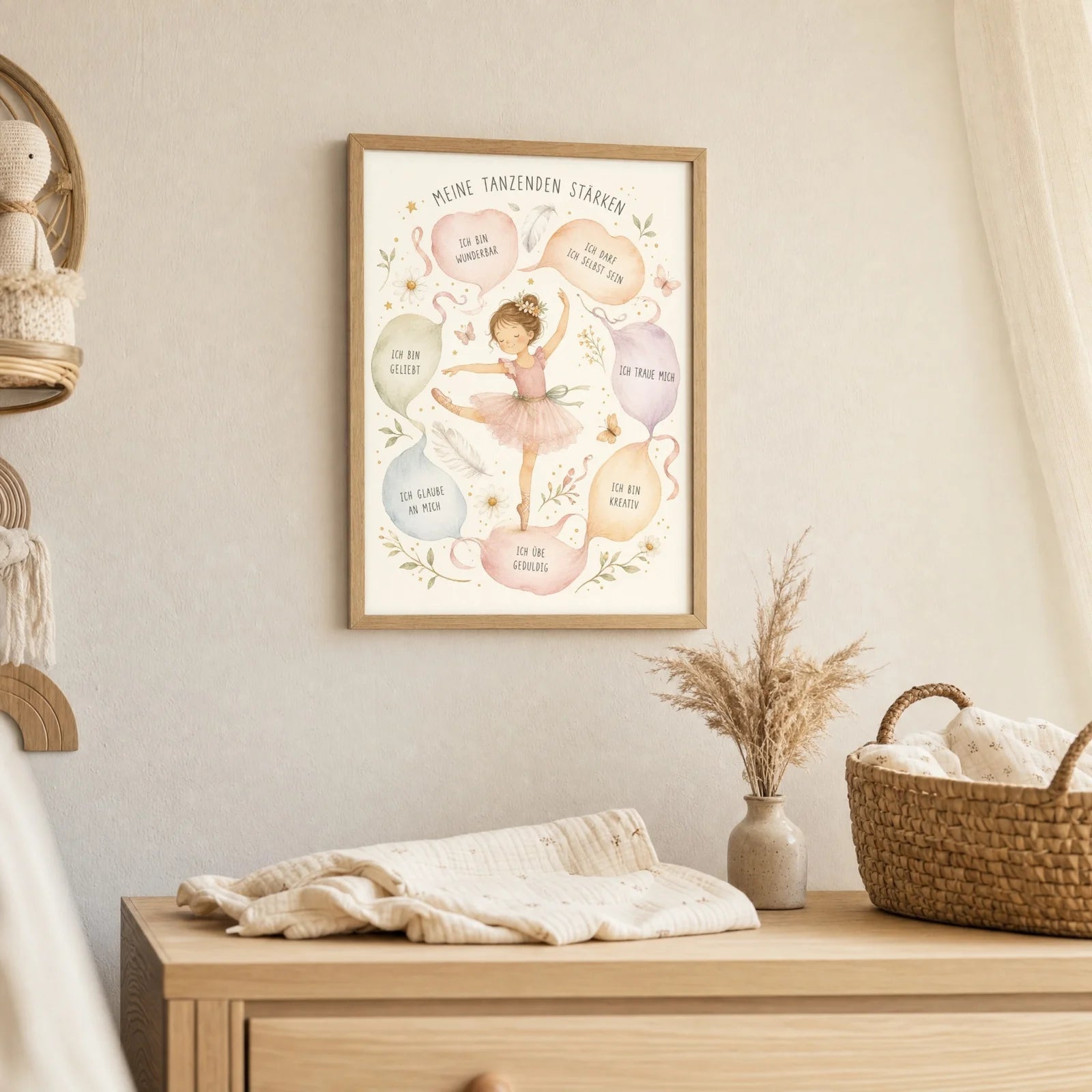 Affirmationsposter Kinderzimmer Tanzende Stärken, als Deko mit Holzrahmen