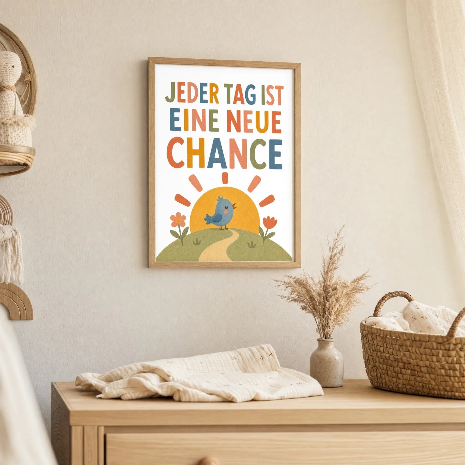 Affirmationsposter Kinderzimmer Vogel Jeder Tag neue Chance, als Deko mit Holzrahmen