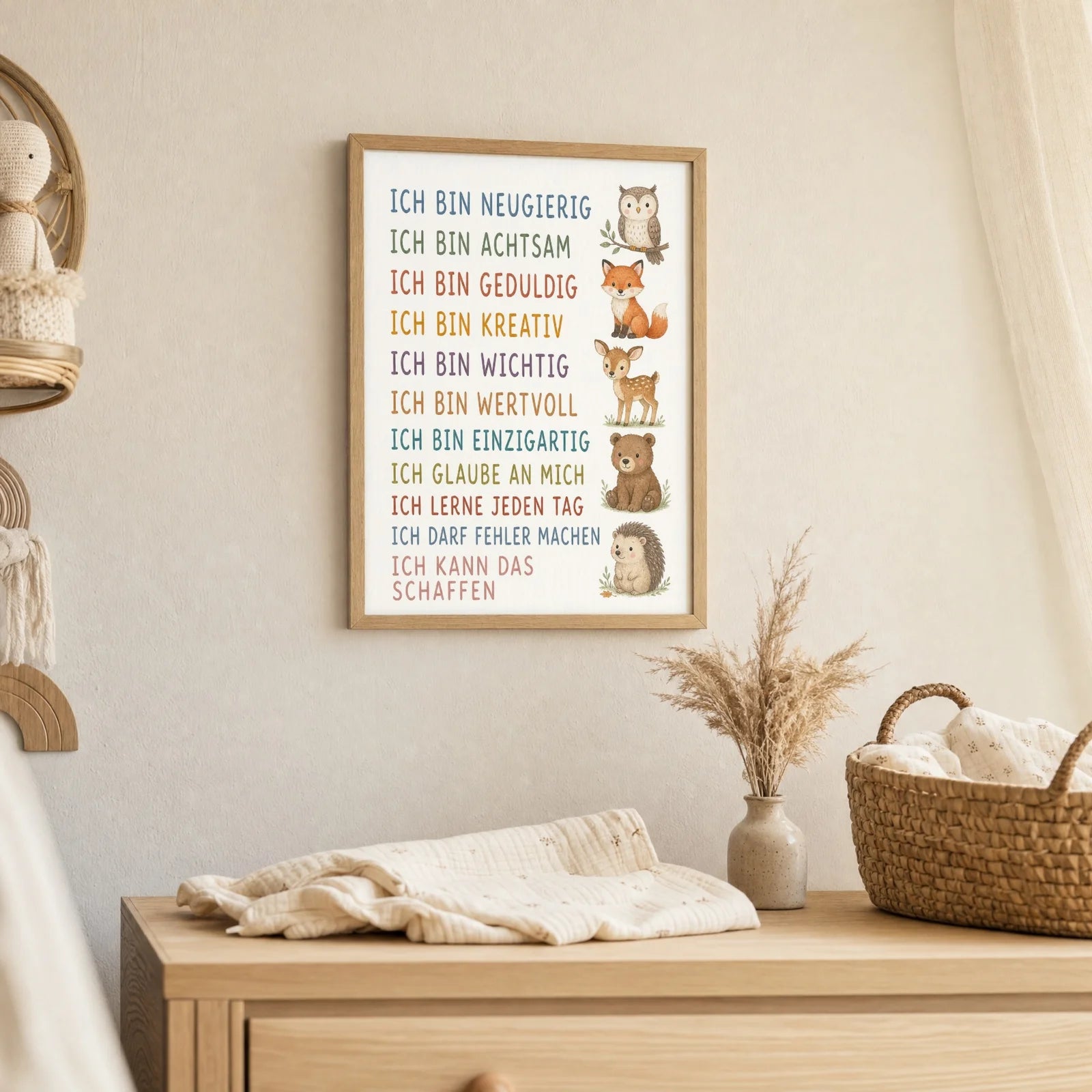 Affirmationsposter Kinderzimmer Waldtiere, als Deko mit Holzrahmen